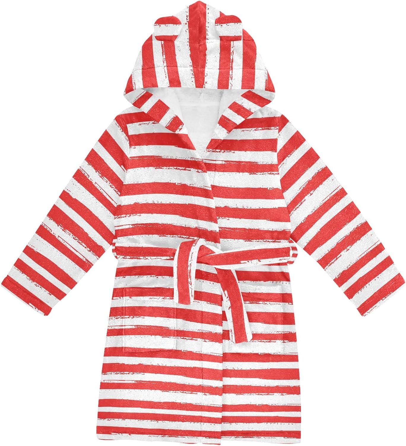 Red and White Stripes Toddler Hooded Bathrobe for Boys Girls Soft Plush Bath Towel Robe 2-12 Years