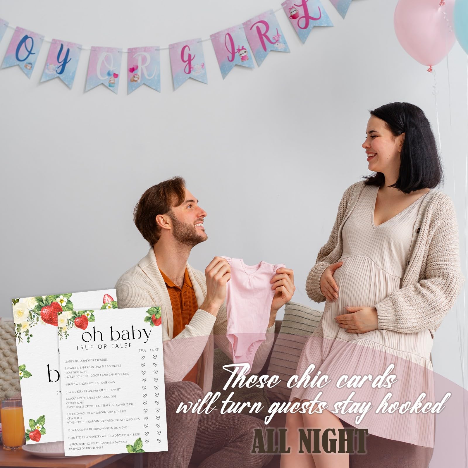 Zabawne gry na baby shower, Oh Baby True or False karty do gry, jagodowe słodkie dekoracje imprezowe upominki pomysły -30 szt., 12,7 x 17,8 cm - H01