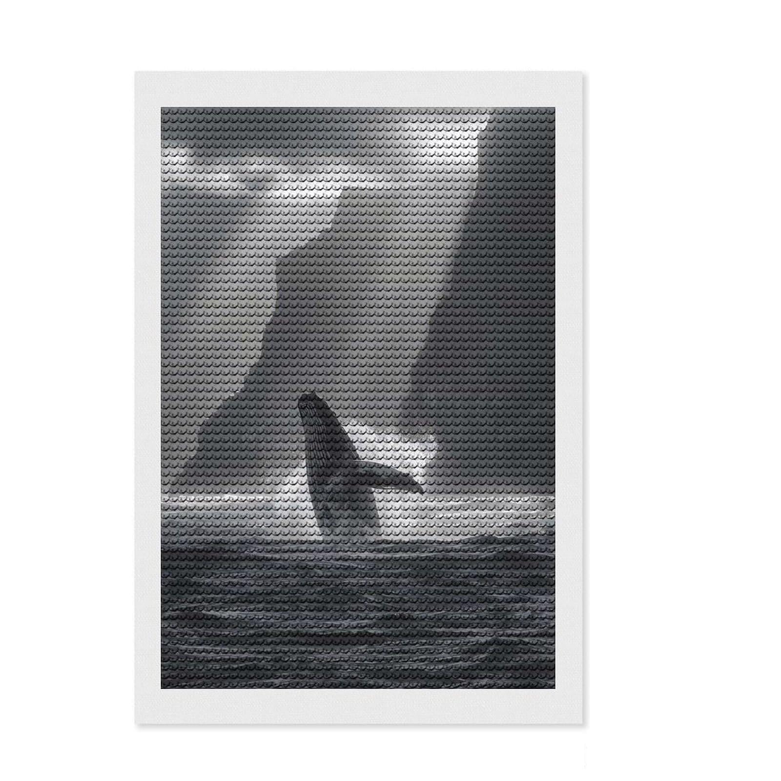 Junmoney Breaching Whale at Coastal Cliffs in Black and White Diamond Art Canvas 8"x12", Neat Printed Canvas, Mindful Craft Activity, Cosy Home Accent, Festive Craft Gift