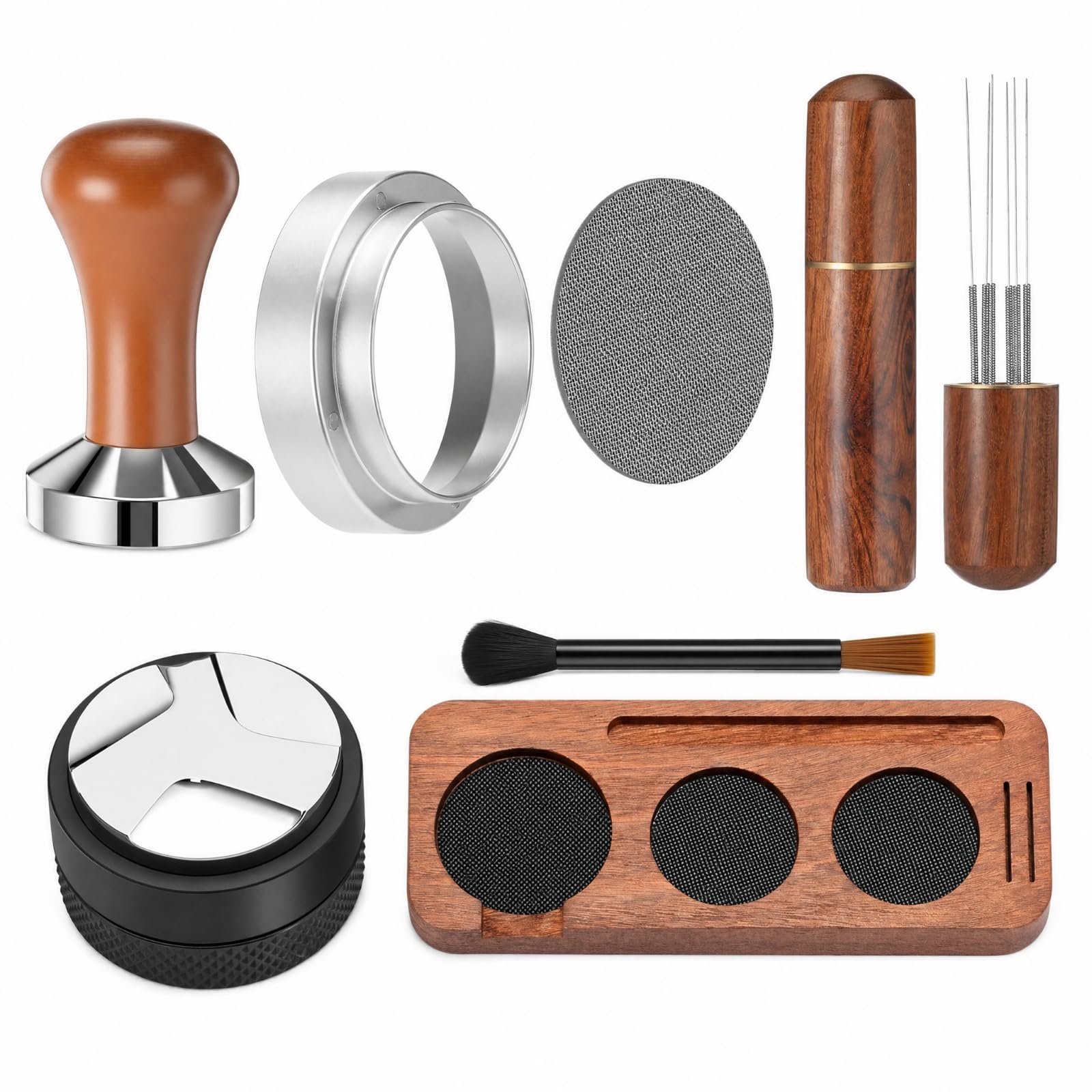 Colcolo Equipo de de Café Estación para Accesorios Espresso Kit Distribuidor Embudo Portafiltro Pantalla Puck Herramienta Pin Cepillo Profesional Madera Metal Adecuado para Oficina