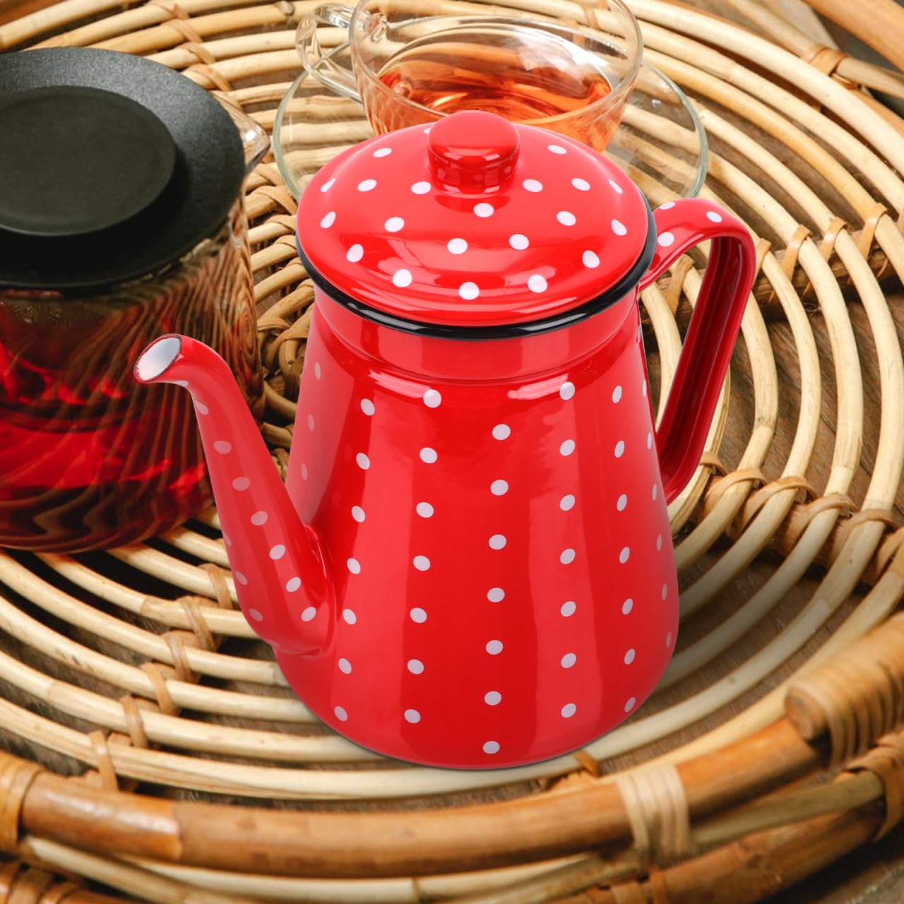 Housoutil Cafetera esmaltada de 1,5 l, boquilla estrecha de esmalte rojo, con gran caño para el hogar, para cocina y camping