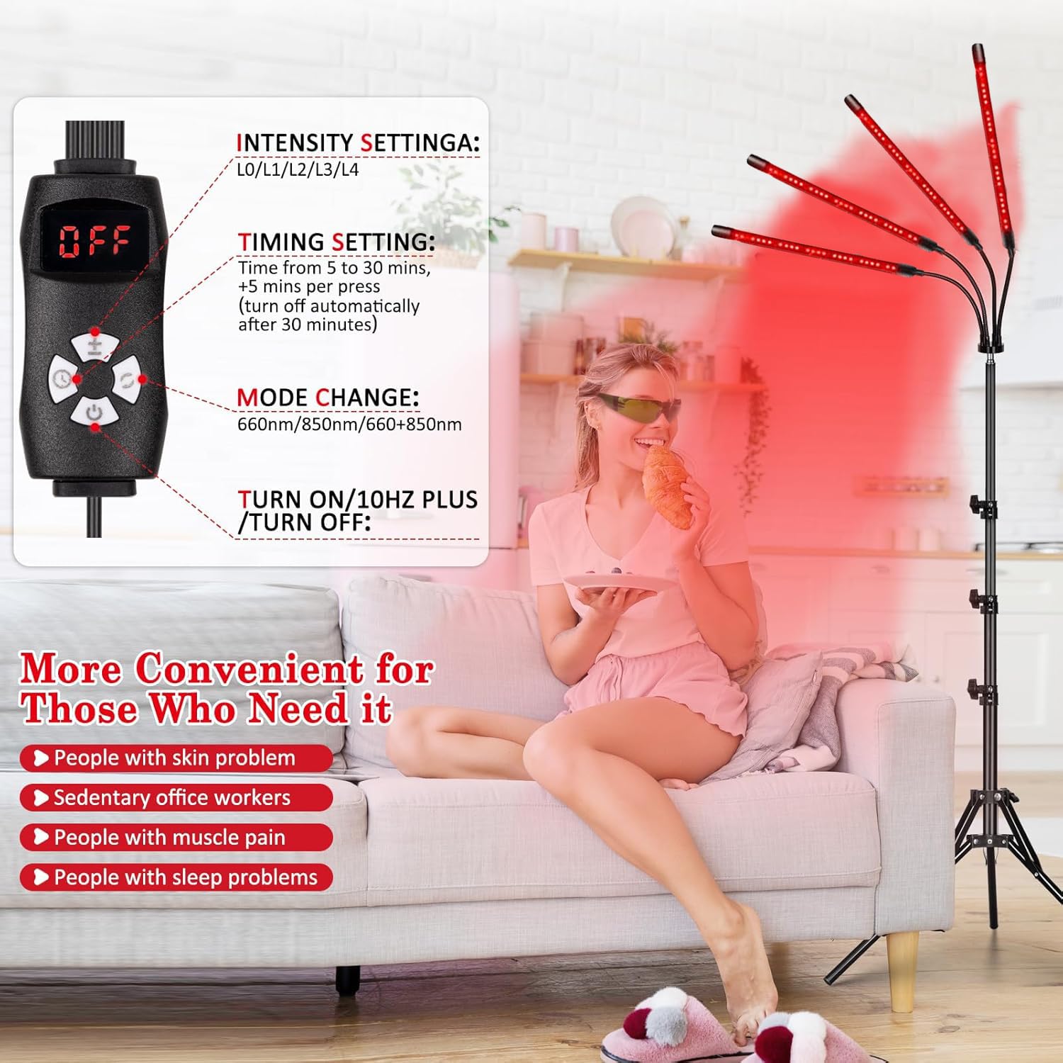 Lámpara de Luz Roja con Soporte, 4 Cabezas 660nm y 850nm Lámpara Infrarroja con 240 LEDs y Altura Regulable de 38-152cm para el Hogar y la Oficina