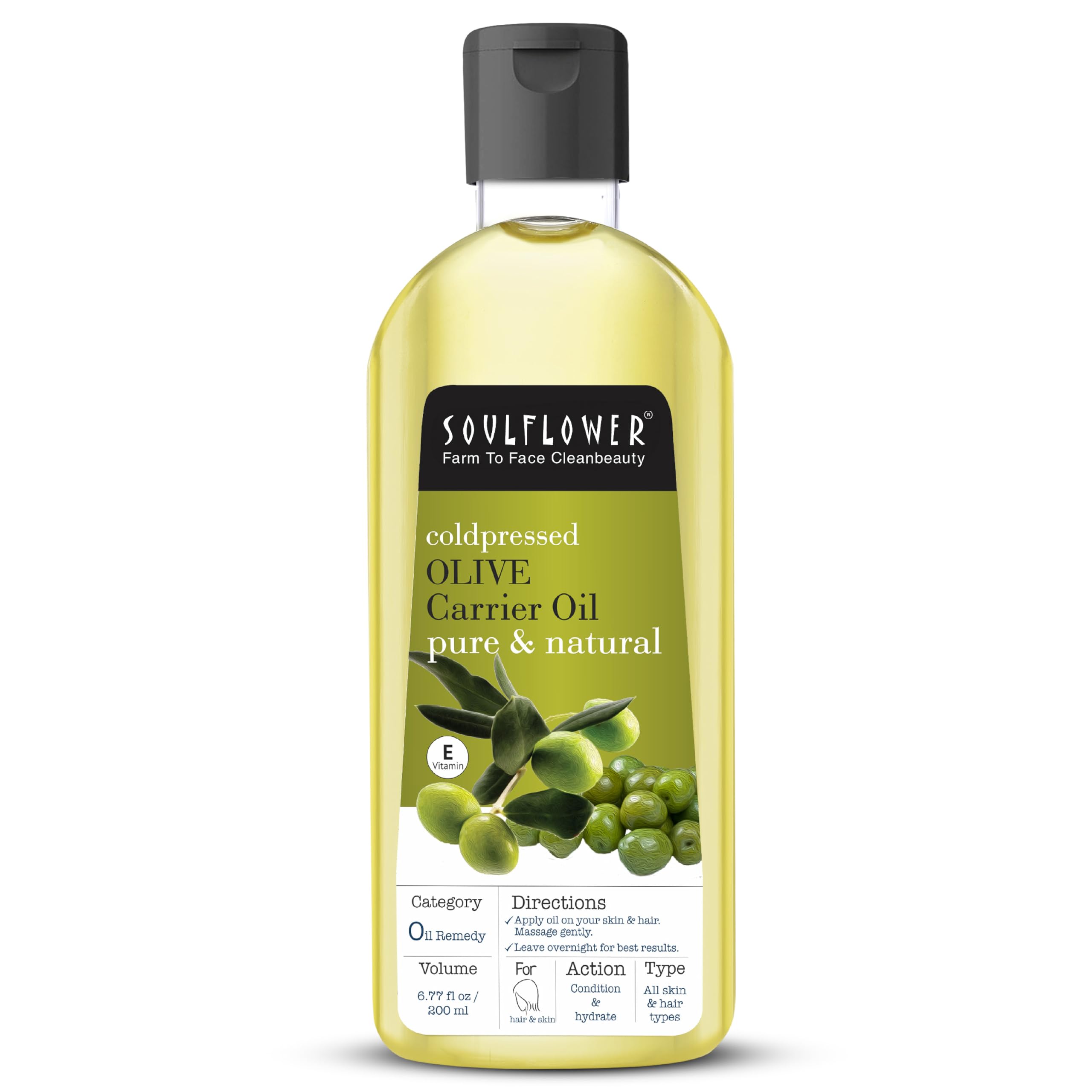 SOULFLOWER ORGANIC OLIVE HAIR OIL, DEEP CONDITIONING, 100% PURE, COLD PRESSED, VEGAN, NATURAL, PRESERVATIVES FREE, 200ML/ 6.7 FL OZ