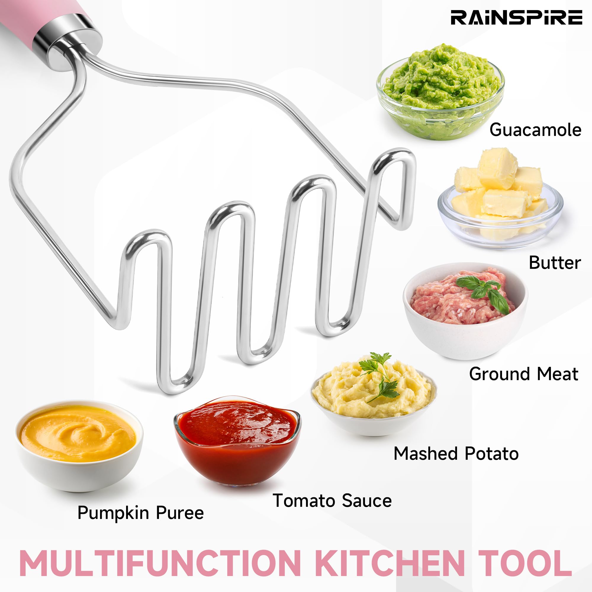 Rainspire Potato Masher - Pink Stainless Steel -4
