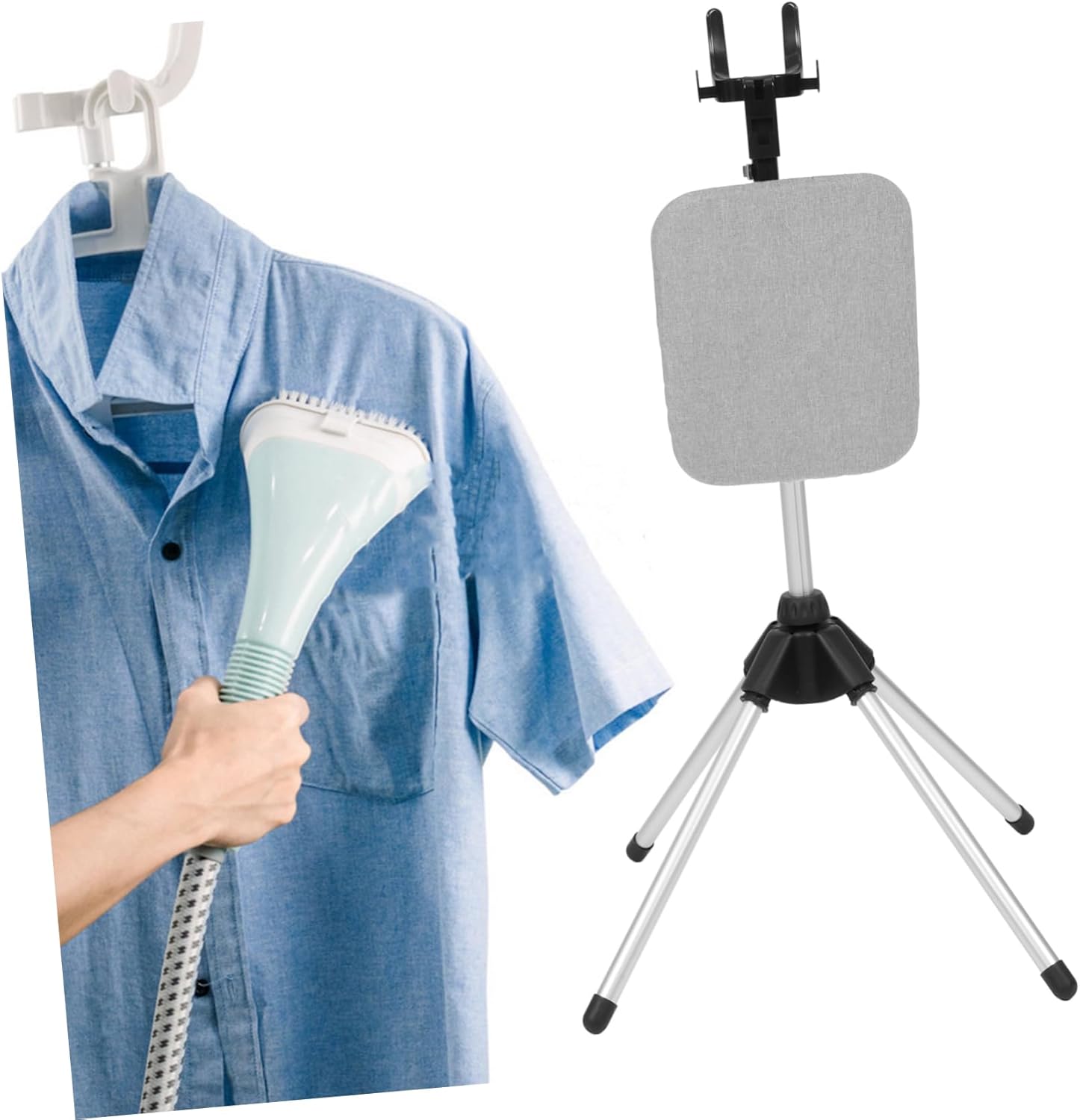 Foldable Garment Steamer Stand with Integrated Ironing Board and Height Four-Legged Stable Base Portable Clothes Steamer Rack for Flat Ironing and Hanging Garments