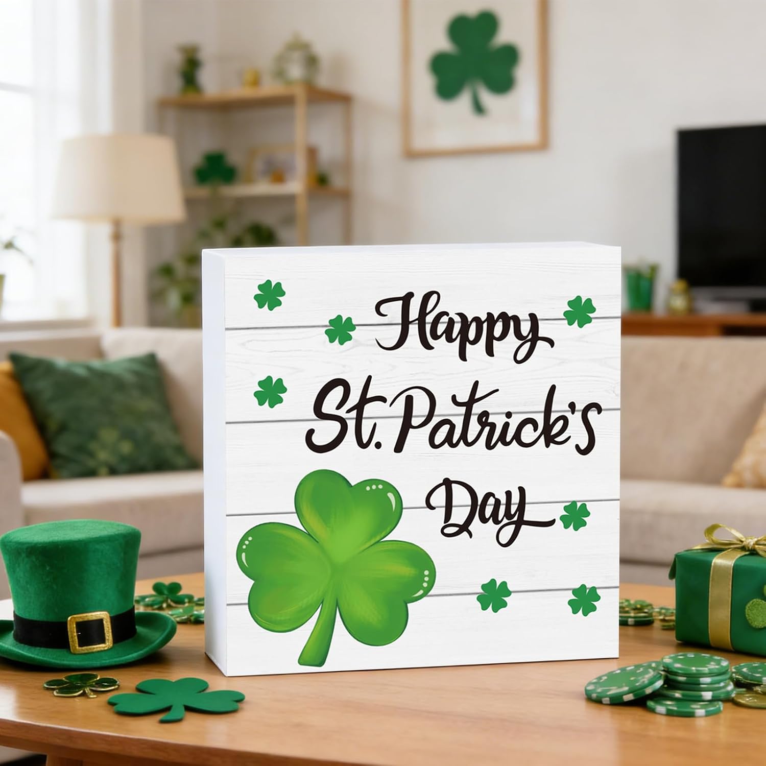 St Patricks Day Decorations St Patricks Day Decor Indoor Table Shamrock Happy Rustic Home Room Office Bathroom Wood Box Sign Wooden Shelf Desk Decor Season Sign House Warming Gifts 5.9 x 5.9 Inch