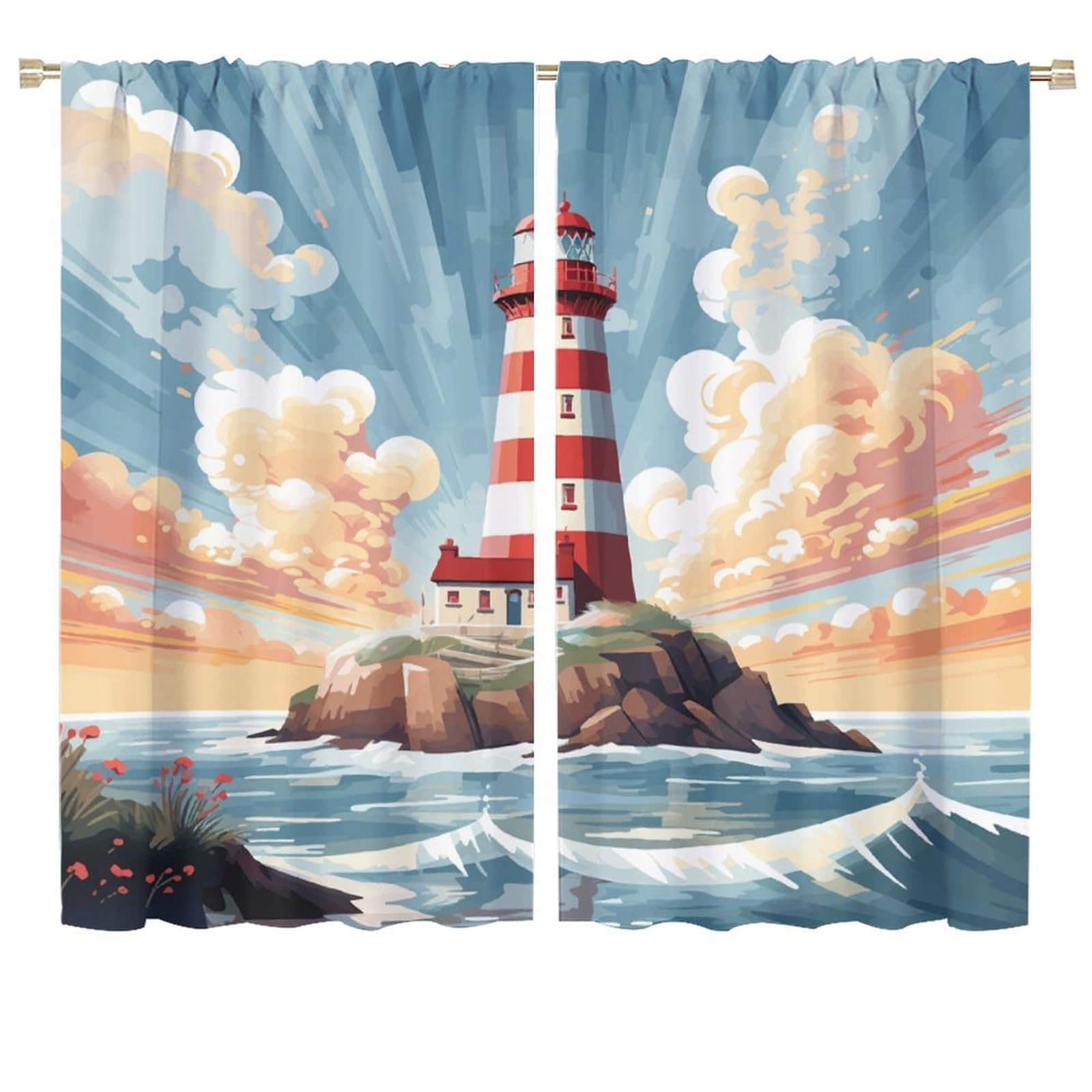 Lighthouse Curtain White Clouds Blue Sea Wave Lighthouse Blackout Print Rod Pocket Window Drapes for Bedroom Living Room 72x63in