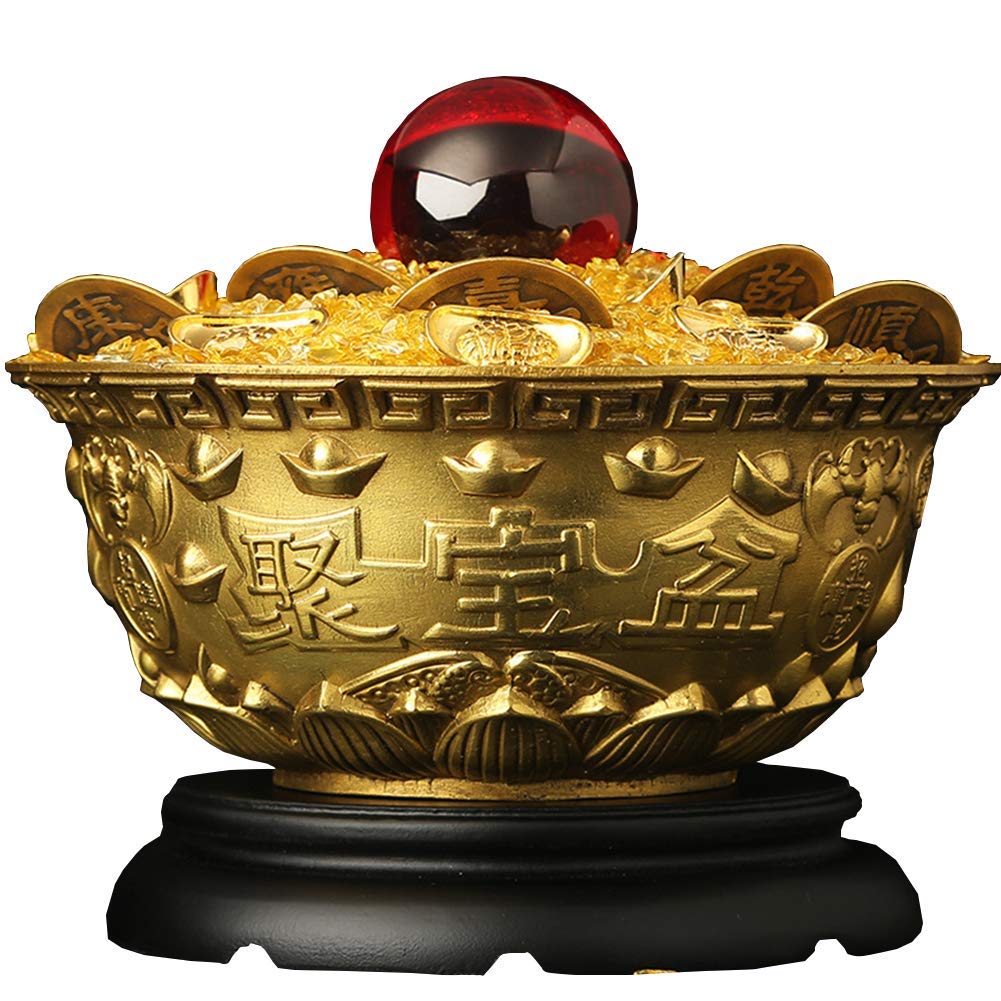 YNIYUJKL Feng Shui Statue Brass Treasure Basin Ornament + Ingot/Yuan Bao + Five Emperor Coins + Red Beads + Citrine Wealth Prosperity Figurine Sculpture, Home Office Decor Attract Weal
