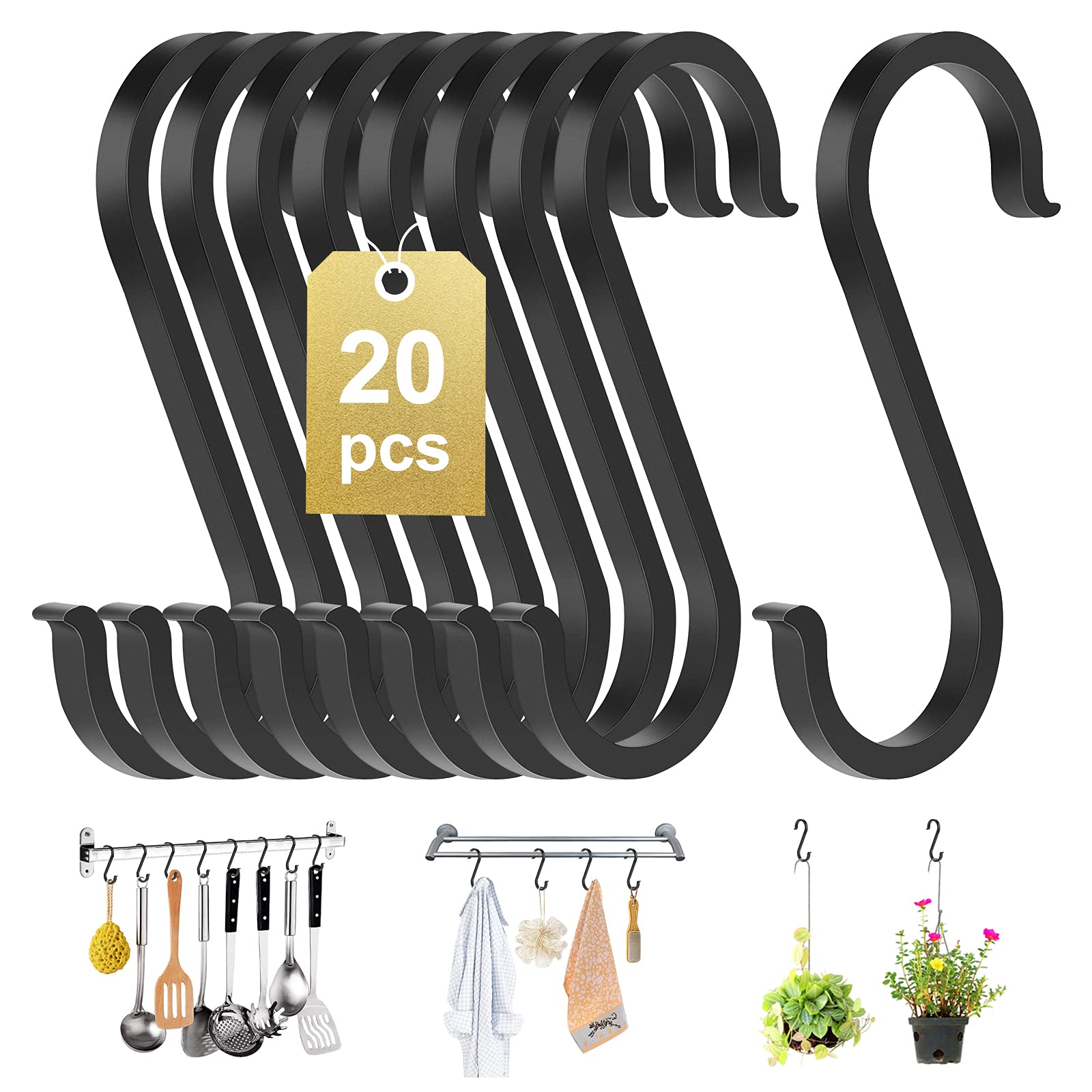 Tensphy 20 pcs S Hooks, 6063 Space Aluminum Hanging Hook Never Rust , 25Kg Load-Bearing S Hooks Hanger for Pot, Plants, Closet, Clothes, Bags, Use it in Kitchen, Bedroom, Office (Black)