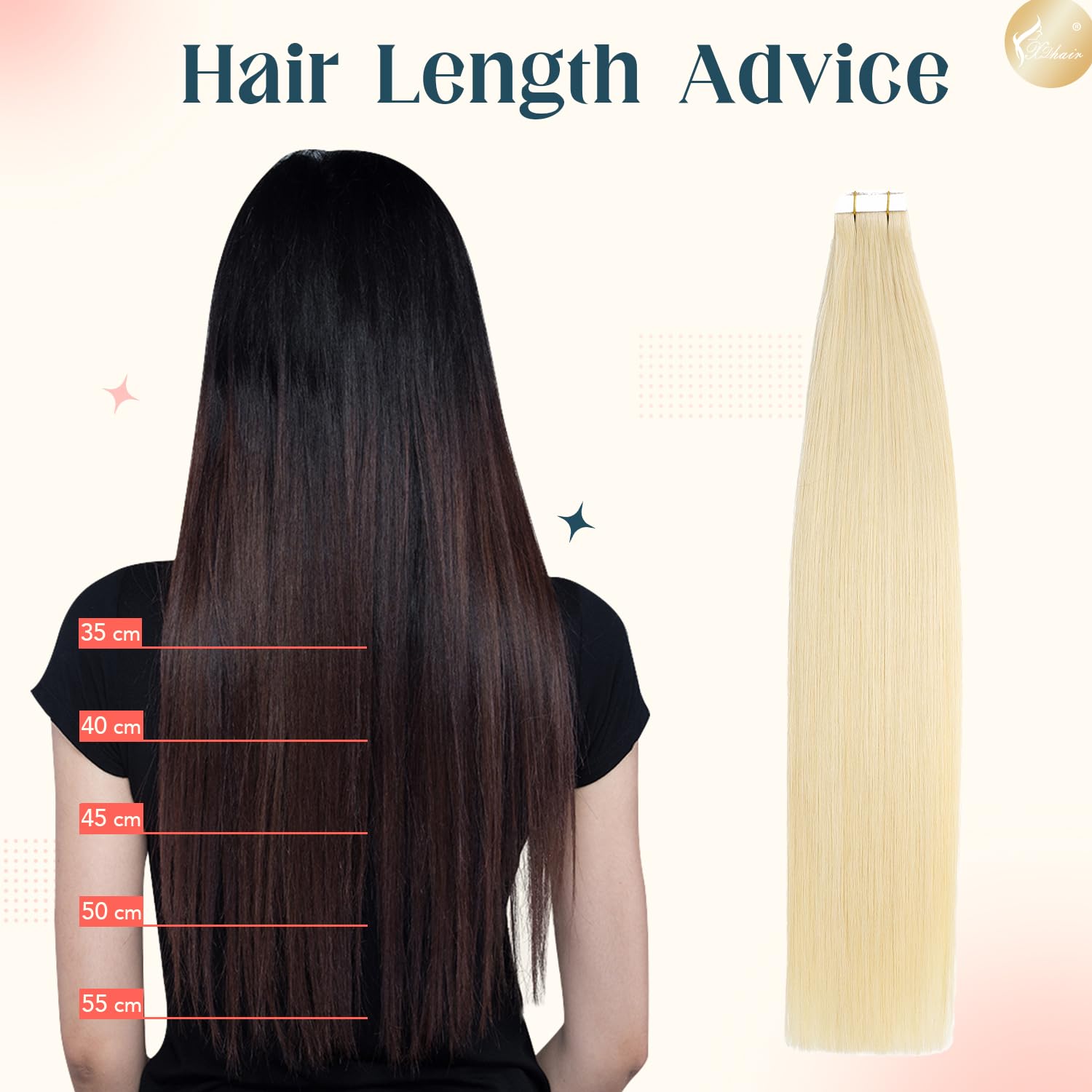 XDhair Haarverlängerung, Echthaar, selbstklebend, 20 Stück, 50 g