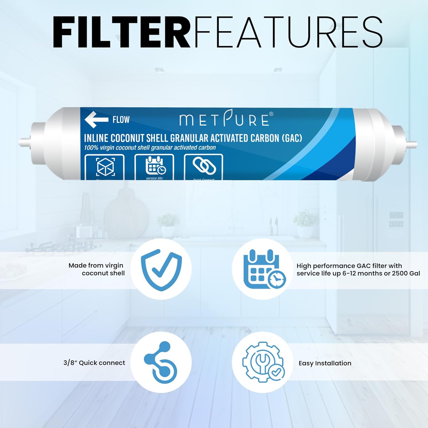 Metpure Inline GAC Water Filter 2" x 10" x 3/8" OD. Coconut Shell Granular Activated Carbon for RO Reverse Osmosis Water Filtration System, Refrigerator, Ice Maker. 3/8" Quick Connect. - Image 8