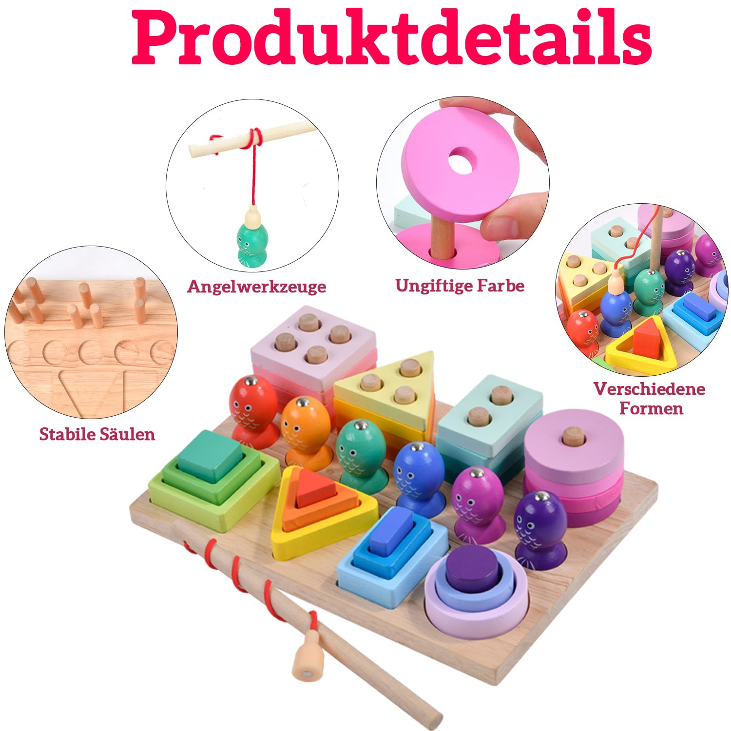 ZLLkeji Montessori Holzspielzeug 5-in-1 Set – Mit Angelspiel, Karottenernte, Sortieren, Stapeln & Fädeln – Lernspielzeug Ab 3 Jahren Für Feinmotorik & Kreativität