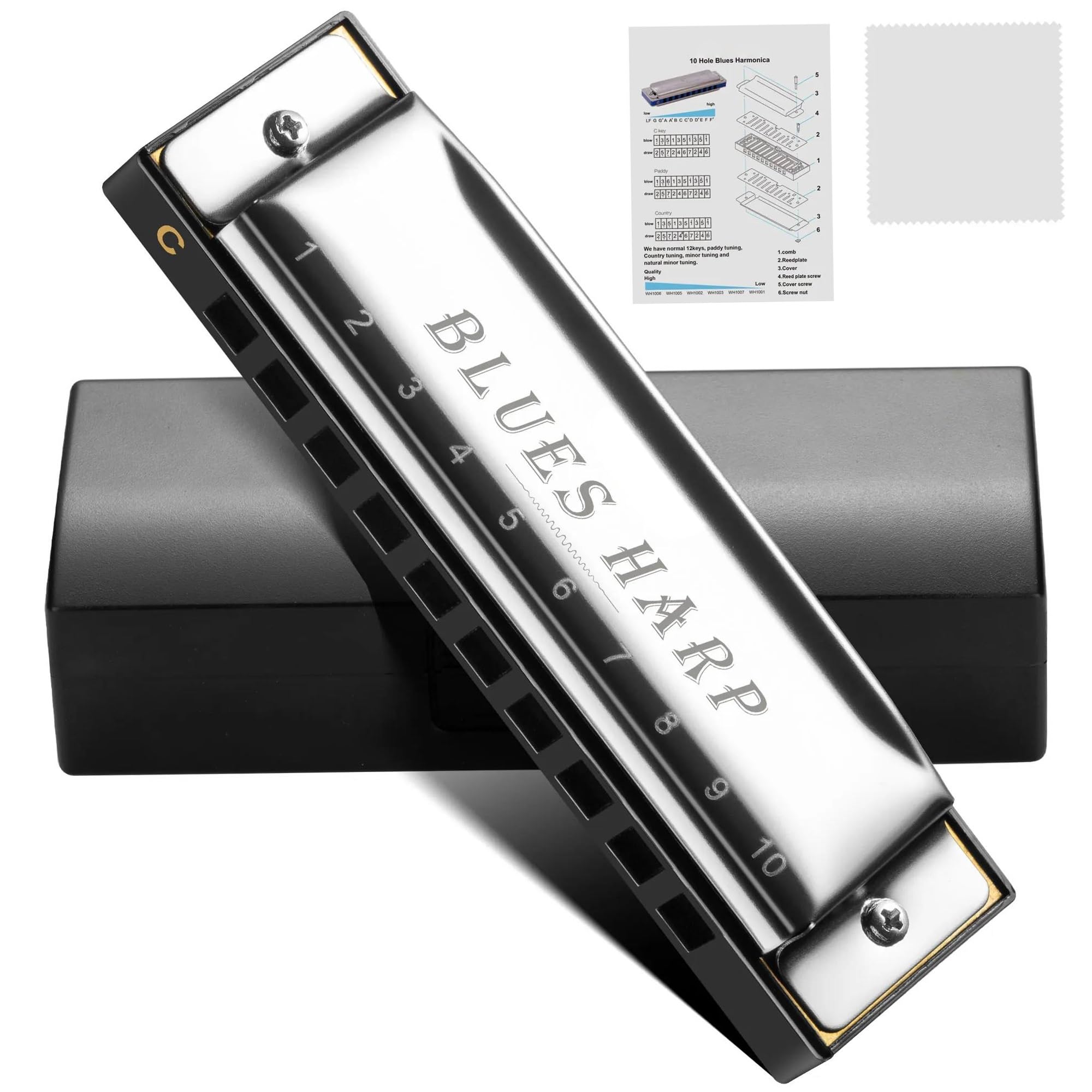 Armoniche a bocca Set Di Armonica Diatonica 10 Fori Blues Harp Mouth Organ 7 Per Adulti Band Player(D Tone)