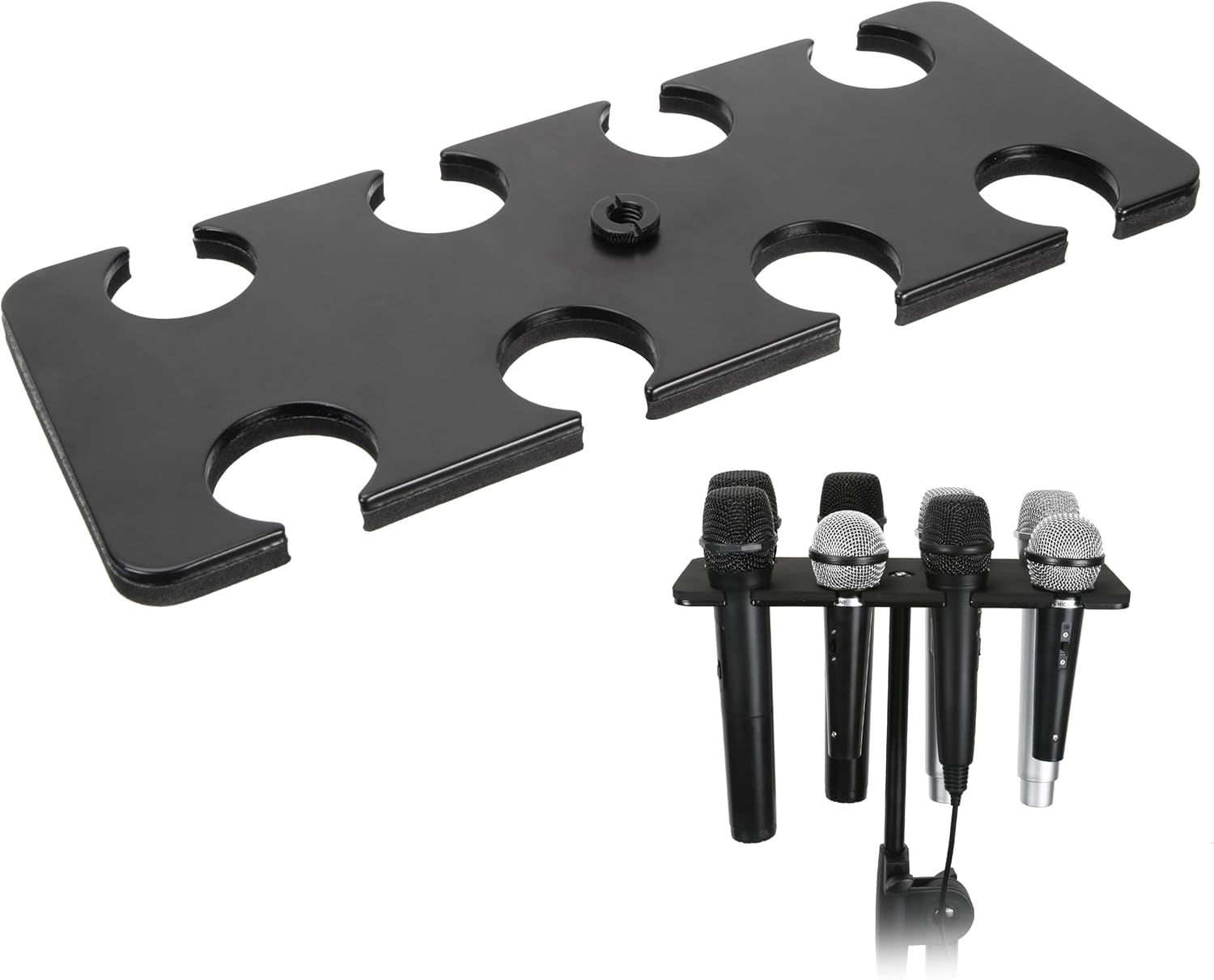 Multi Mic Holder for Wired and Wireless Mics, Multiple Microphone Organizer and Display for Mic Stand, Hold Up to 8 Microphones, Aluminum, Black