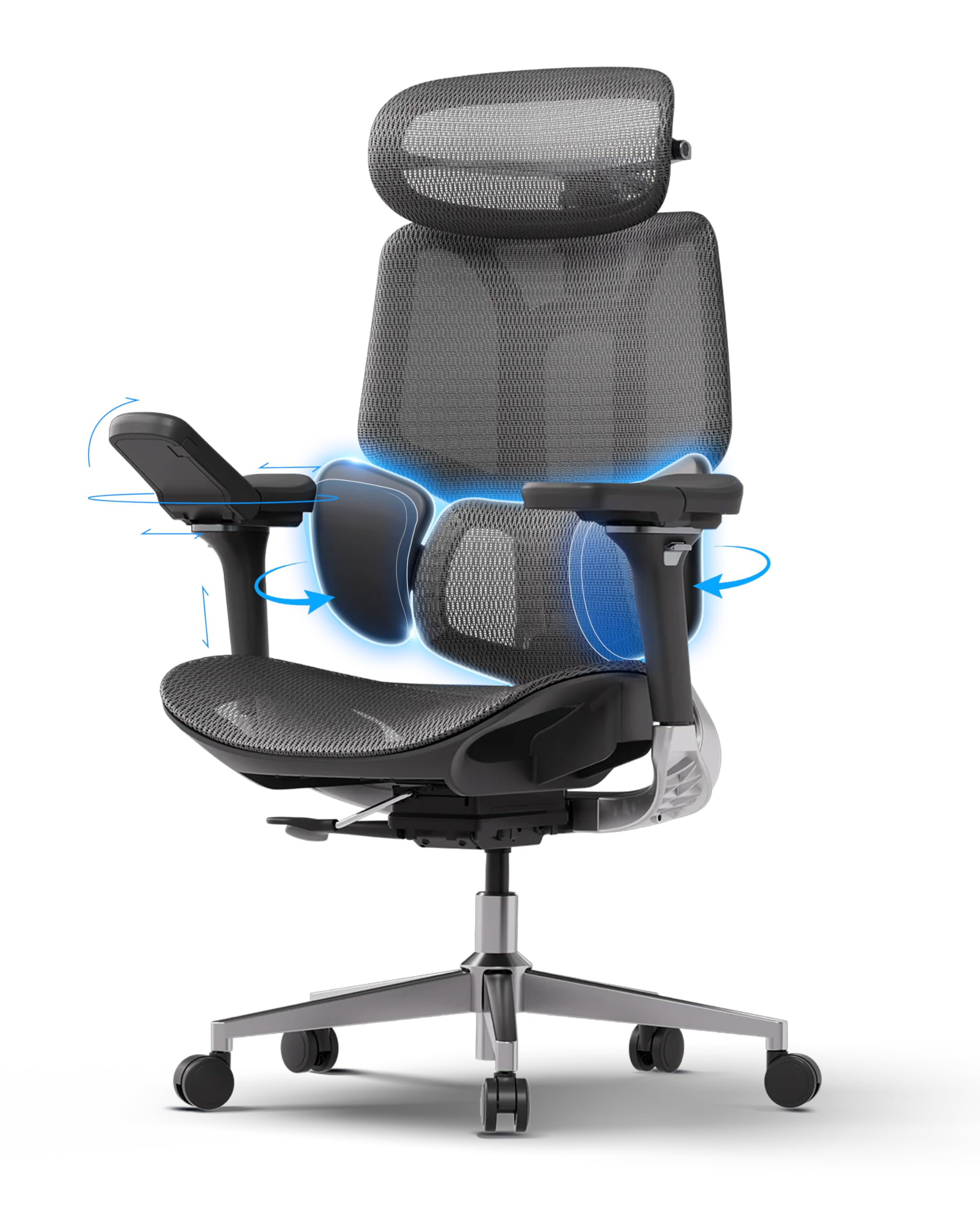 Hbada E3 Pro Ergonomiczny Fotel Biurowy – Dynamiczne Wsparcie Lędźwiowe 3-Strefowe, Regulowany Zagłówek 4D, Regulowane Podłokietniki 6D, Obrotowy, Bez Podnóżka, Czarny