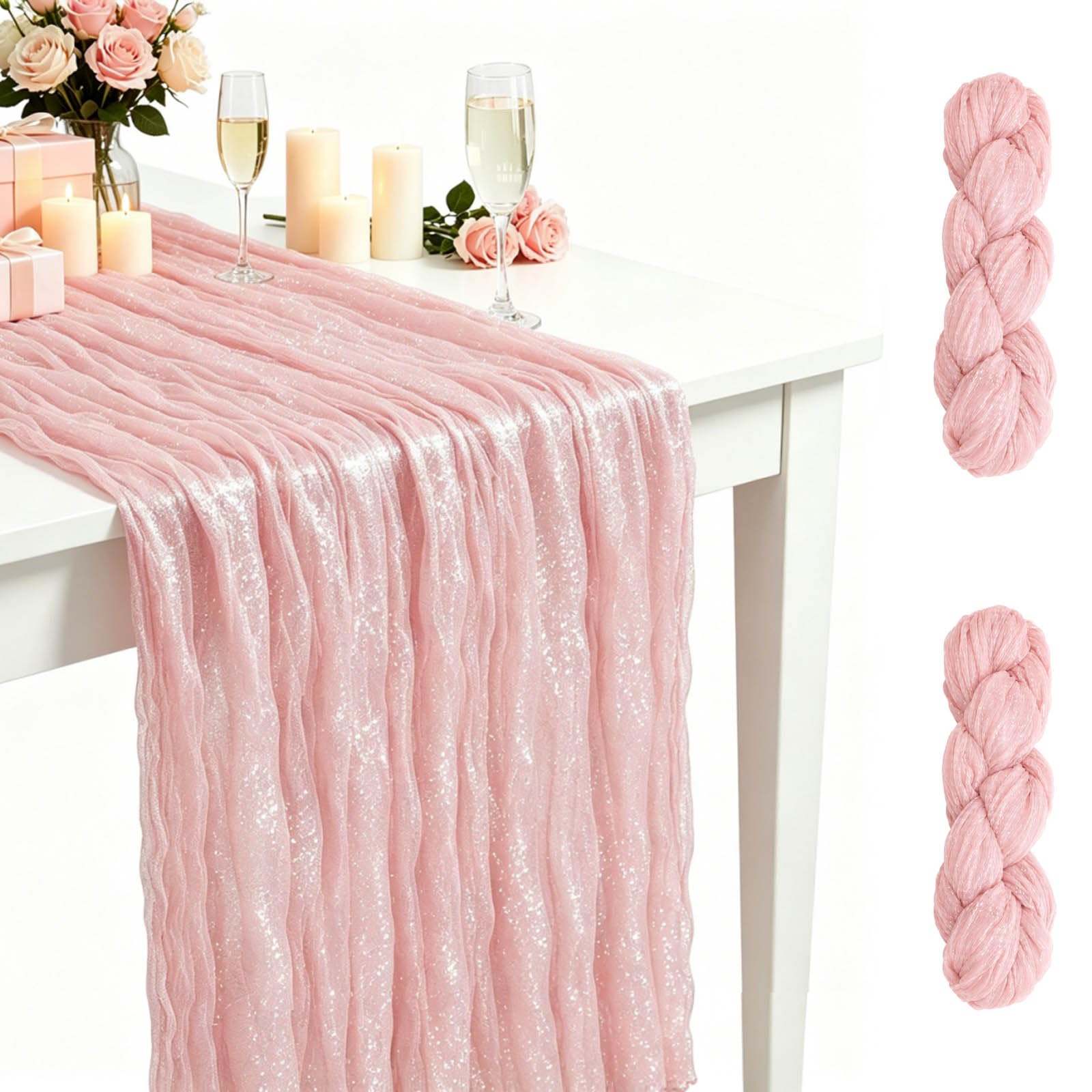 2-Pack Pink Table Runner, Cheesecloth Table Runner 90x180cm, Shimmer Gauze Sheer Table Runners for Dining Table, Wedding, Party & Baby Shower Table Decorations