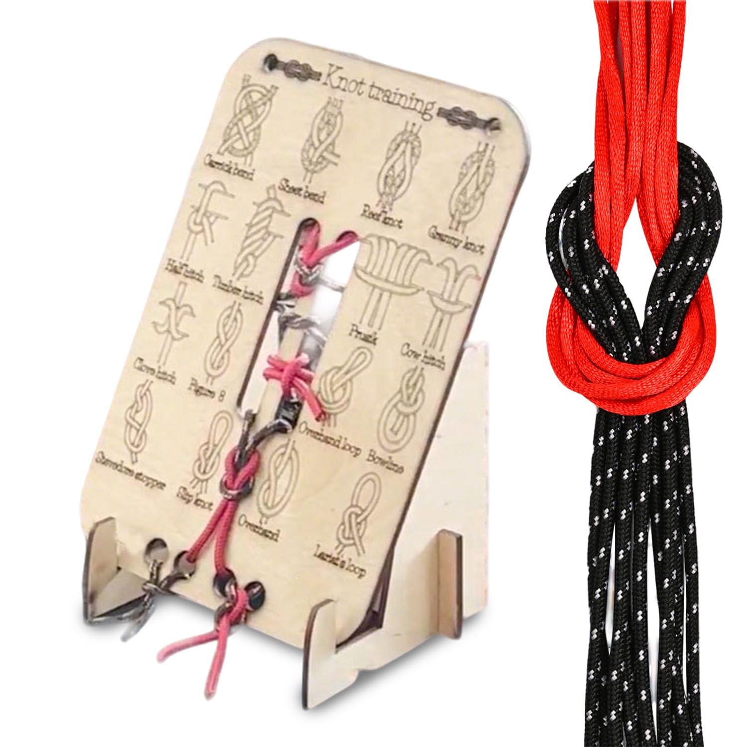 Learn Knot Training Board, Wooden Knot Tying Practice Board Kit, Including DIY Hand Ropes Training Board, 10 Nylon Paracord, 16 Essential Popular Knots, Multifunctional Outdoor Skills Educational Tool