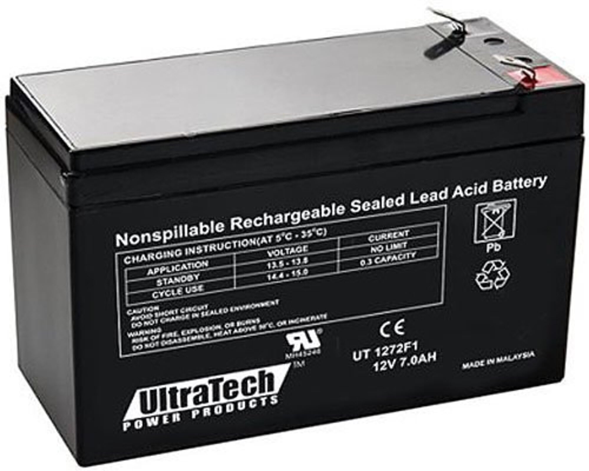 ultratech 1272f1 12 volt 7.0 ah sealed lead acid battery - f1 terminal (replaces ut 1270)