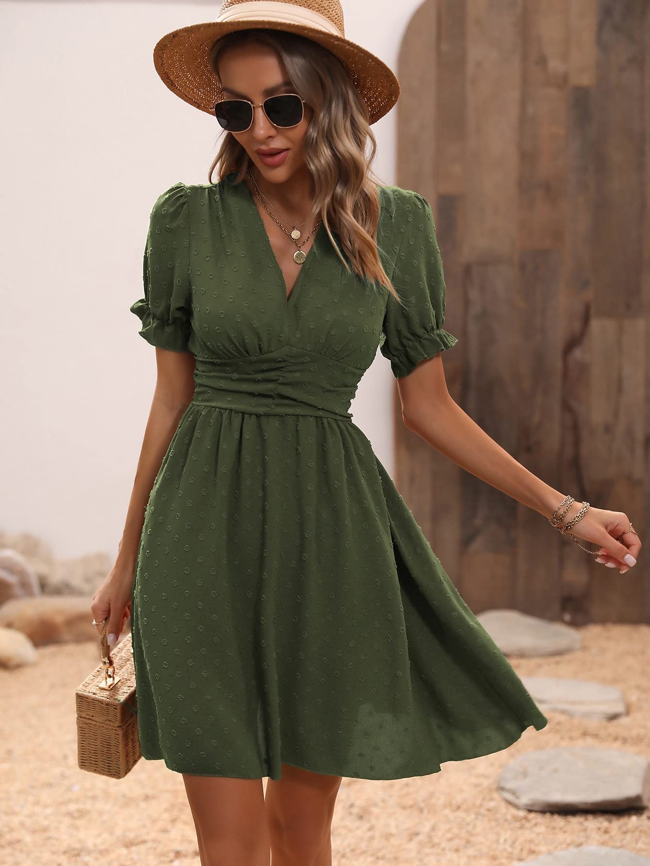Civoux Women's Summer Short Dresses Short Sleeve Dot Puff Sleeve Ruffle Detail Shirred Waist A-line Dress Casual : Clothing, Shoes & Jewelry