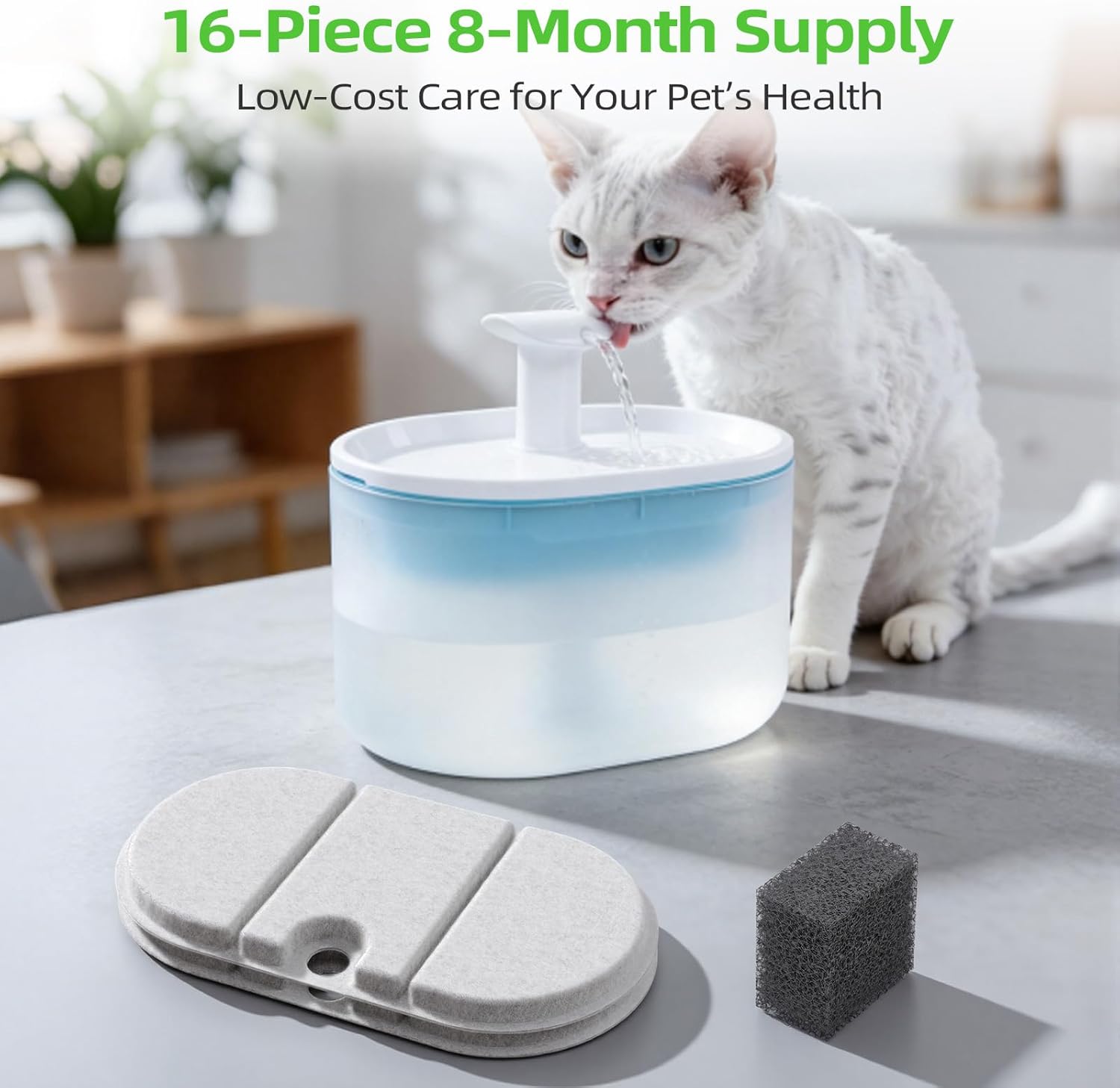Cat and Dog Water Fountain Replacement Filters for 71oz/2.1L Capsule Fountains | 16 Carbon Filters + 16 Sponges | 8-Month Bulk Supply for Multi-Pet Homes | BPA-Free Parts, 32 Pack