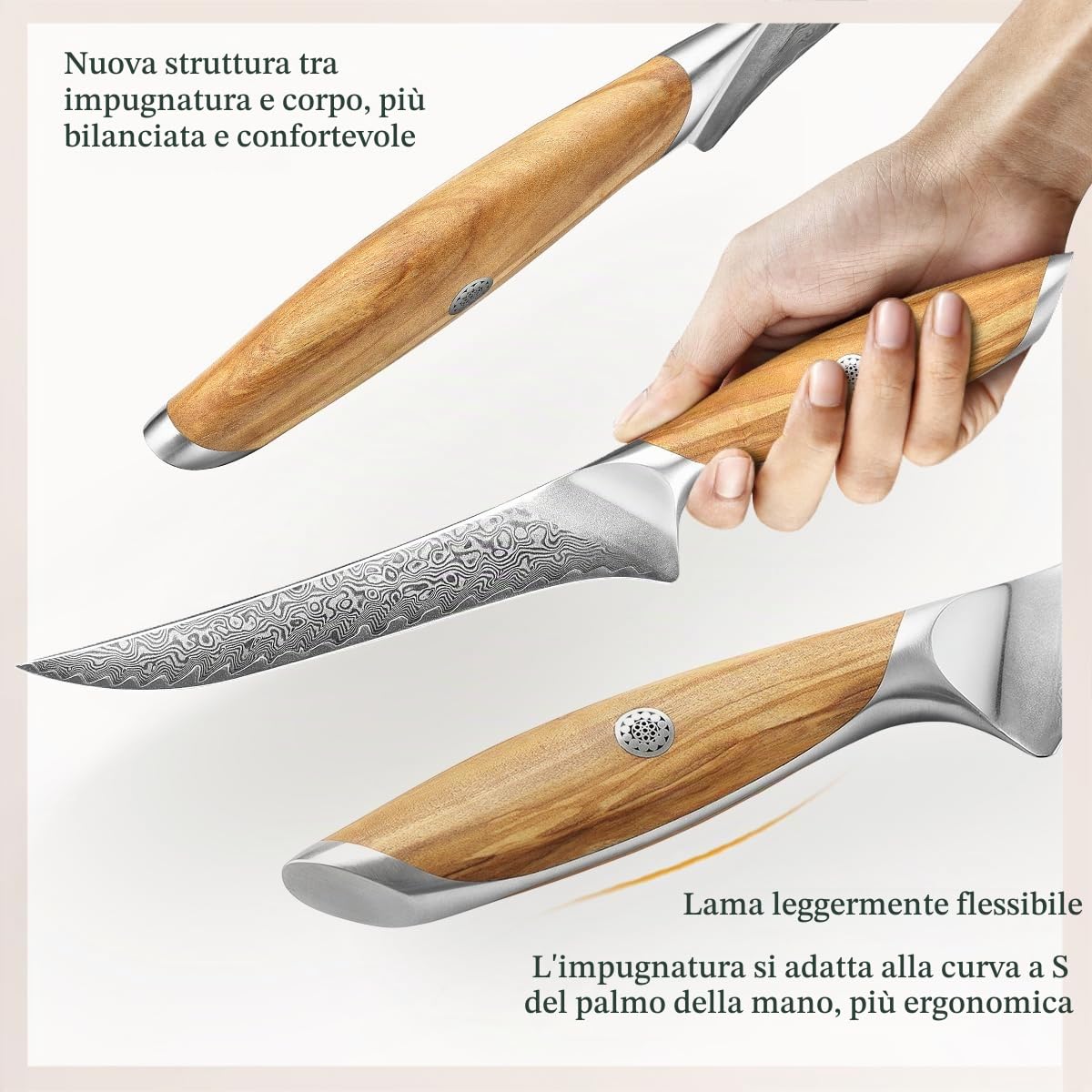 HEZHEN Damasco Coltello per Sfilettare, Coltello Da Filetto Acciaio Damasco Coltelli da Disosso Filettare Professionale, Manico in Legno Ergonomico