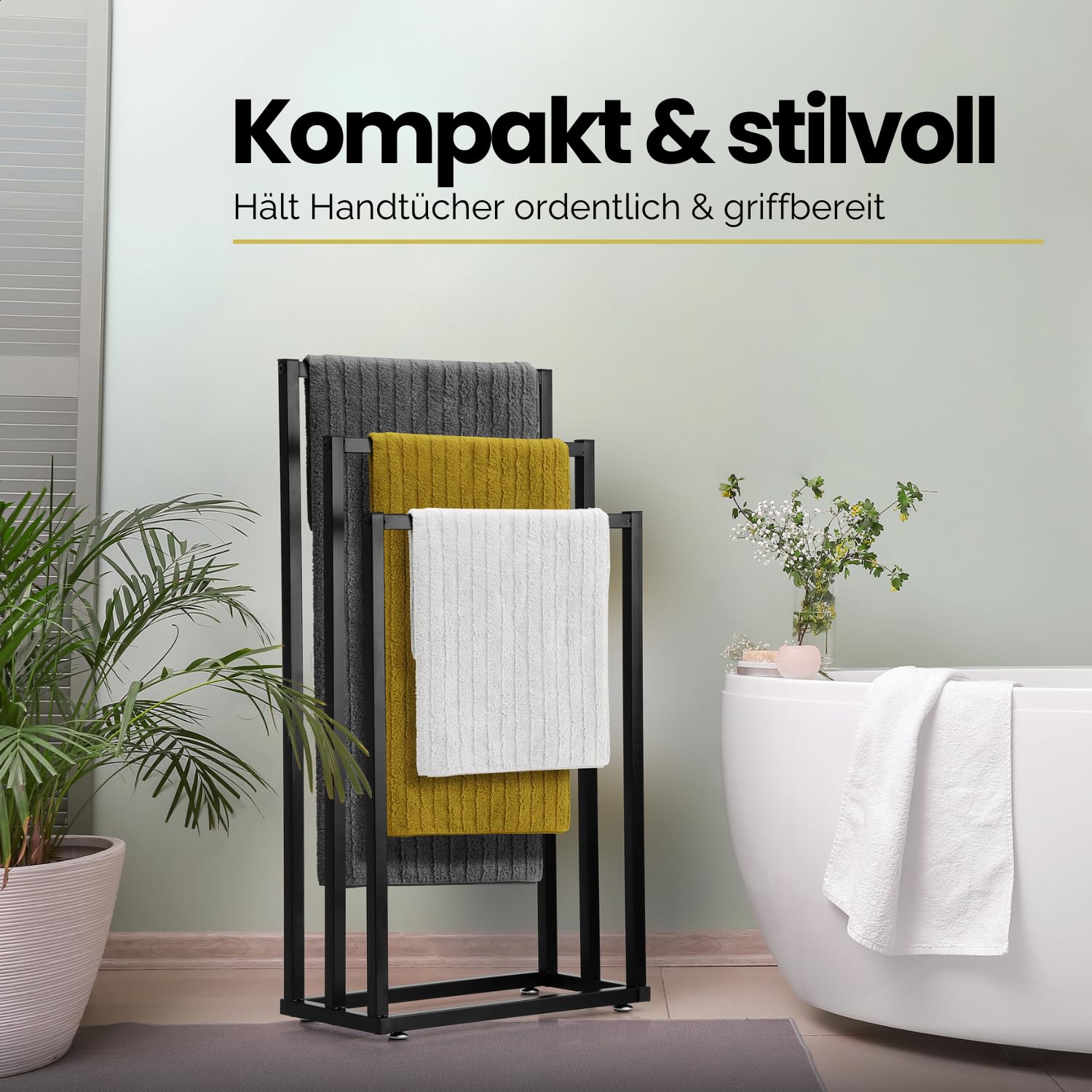 Hanamura Handtuchhalter Stehend – Schwarzer Handtuchständer mit 3 Stangen – Rutschfest & Kratzfrei – Platzsparender Handtuchhalter für das Badezimmer