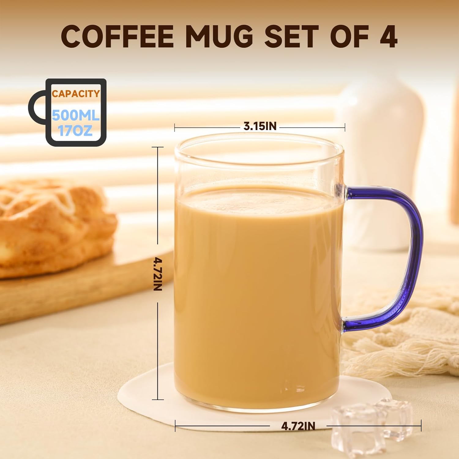 Glass Tea Cups Set of 4, Clear Borosilicate Glass Teacups with Handle for Tealover, Dishwasher & Microwave Safe Large Coffee Mugs for Espresso Cappuccino Latte Juice, 17OZ/500ML - Image 8