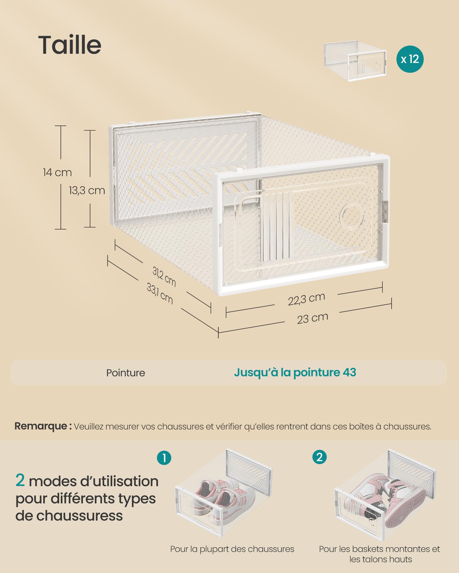 SONGMICS Boîte à Chaussures Transparent, Lot de 12, Boîte de Rangement, Pointure 43, Empilables, Robuste, pour Collections de Baskets, Talons Hauts, Transparent et Blanc LSP106W12V2
