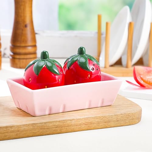 Miniatura 7 de Juego de 3 saleros y pimenteros de fresa, bonitos saleros y pimenteros con bandeja rosa, divertidos recipientes de cerámica para almacenamiento de
