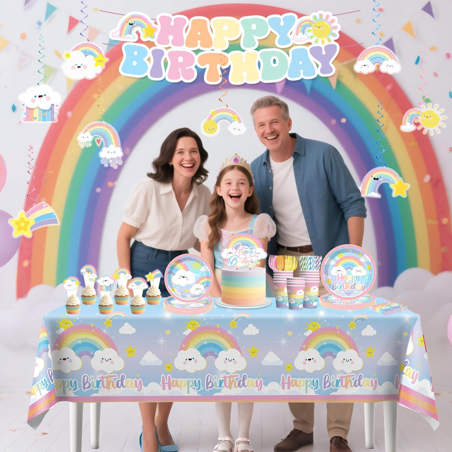 Xynic 174pcs Rainbow Birthday Decorations Tableware Complete Party Set, Rainbow Birthday Party Decorations, includes Pastel-Rainbow Paper Banner Plates Napkins Cups Forks, etc, Serves 25 Guests - Image 7