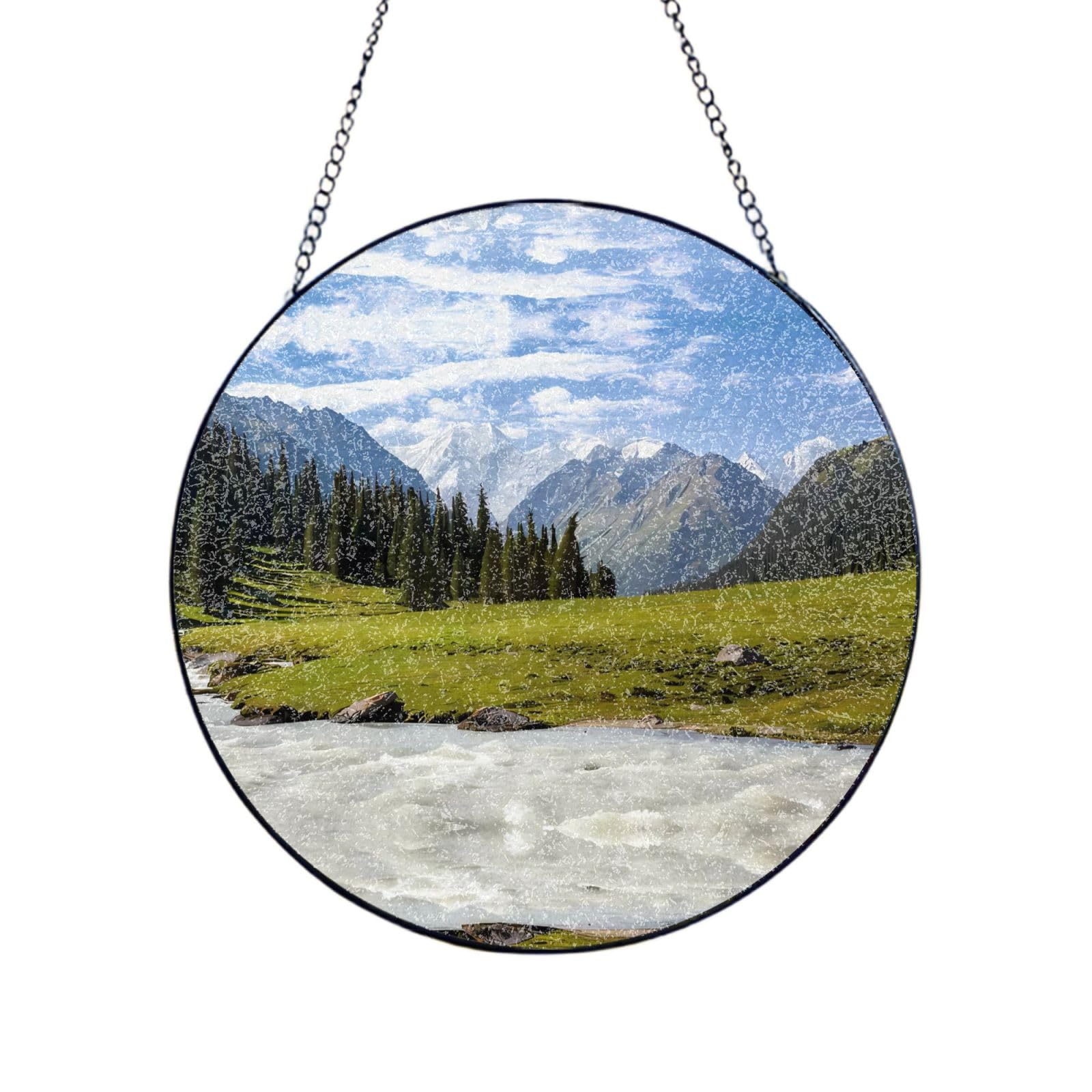 Phayah Snowy Mountainsc Print Stained Glass Window Hanging Suncatcher For Door Terrace Garden Home Decor Sun Catcher Birthday Gifts For Lovers Dad Mom 12in（30cm）