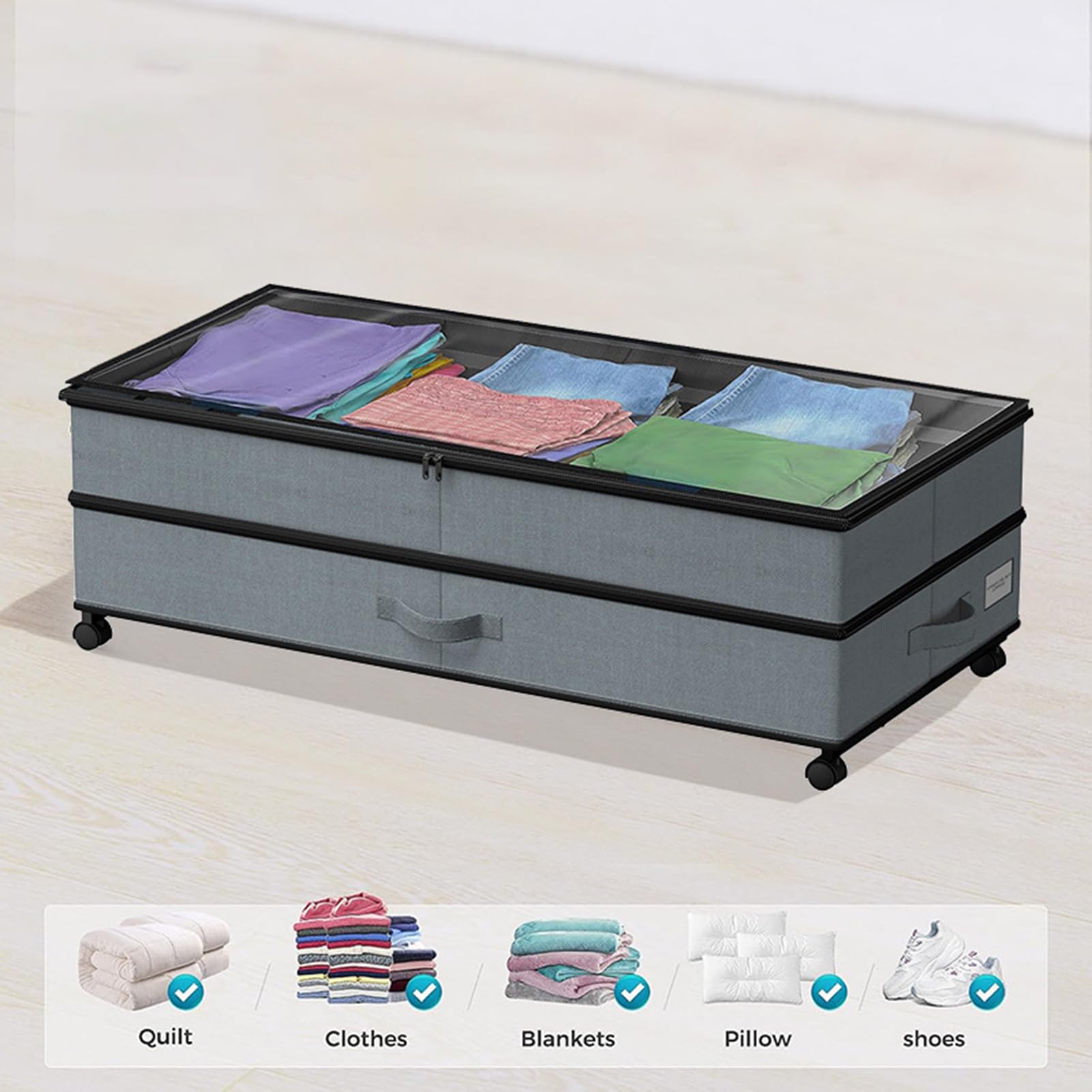 Unter-Bett-Aufbewahrung Auf Rollen, Unter-Bett-Schubladen Mit Klarem Deckel, Verstellbarer Unter-Bett-Organizer, Große Aufbewahrung Für Kleidung, Schuhe, Decken Und Spielzeug,1pcs