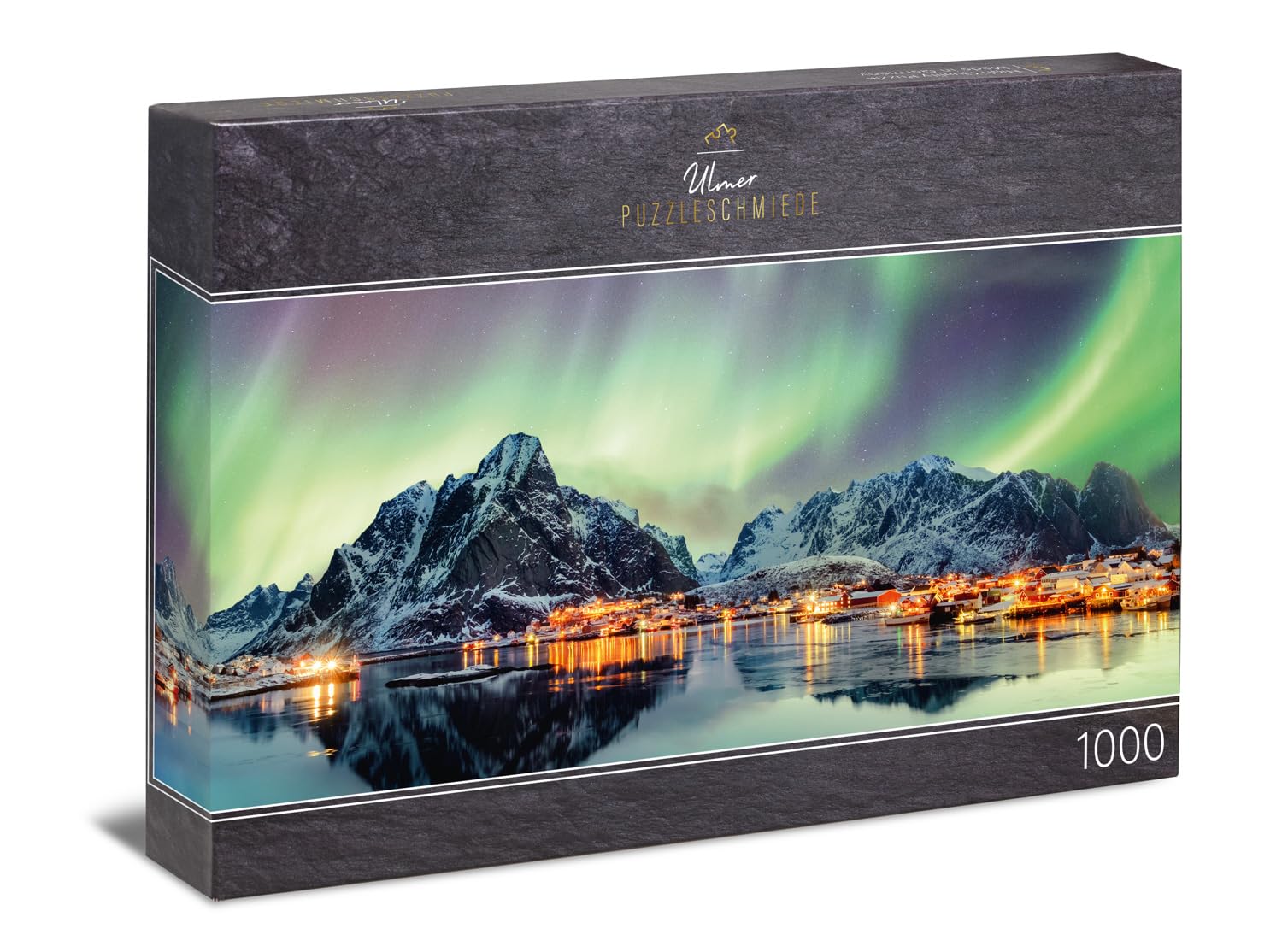 Ulmer Puzzleschmiede - Puzzle panoramique de 1000 pièces de danse lumineuse du Nord - Puzzle norvégien avec aurores boréales dans le ciel nocturne au-dessus des villages de pêcheurs à Lofoten, Norvège