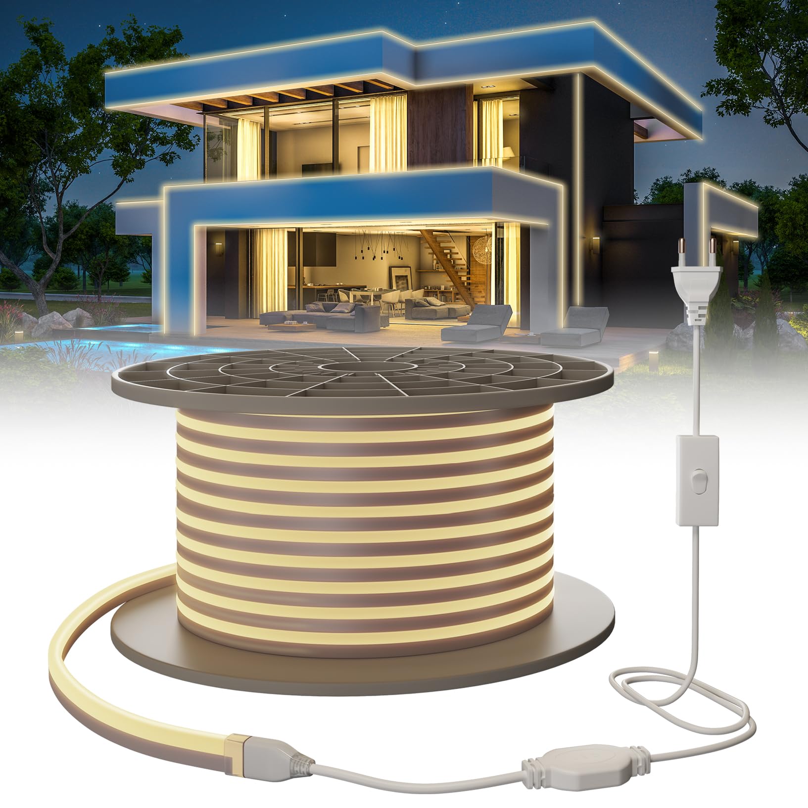 SUCIKORIO Neon LED Streifen 30m, Wasserdicht IP65 Led Strip Naturweiss 4000K 230V Leds Lichterkette Außen 120 LED/M Flexibler DIY Lichtband Aussenbereich mit Netzteil für Haus, Party, Küche