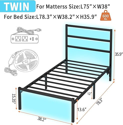 Miniatura 2 de Base de cama individual con cabecero, soporte de listones de acero resistente, marco de cama LED con estación de carga USB, base de colchón debajo