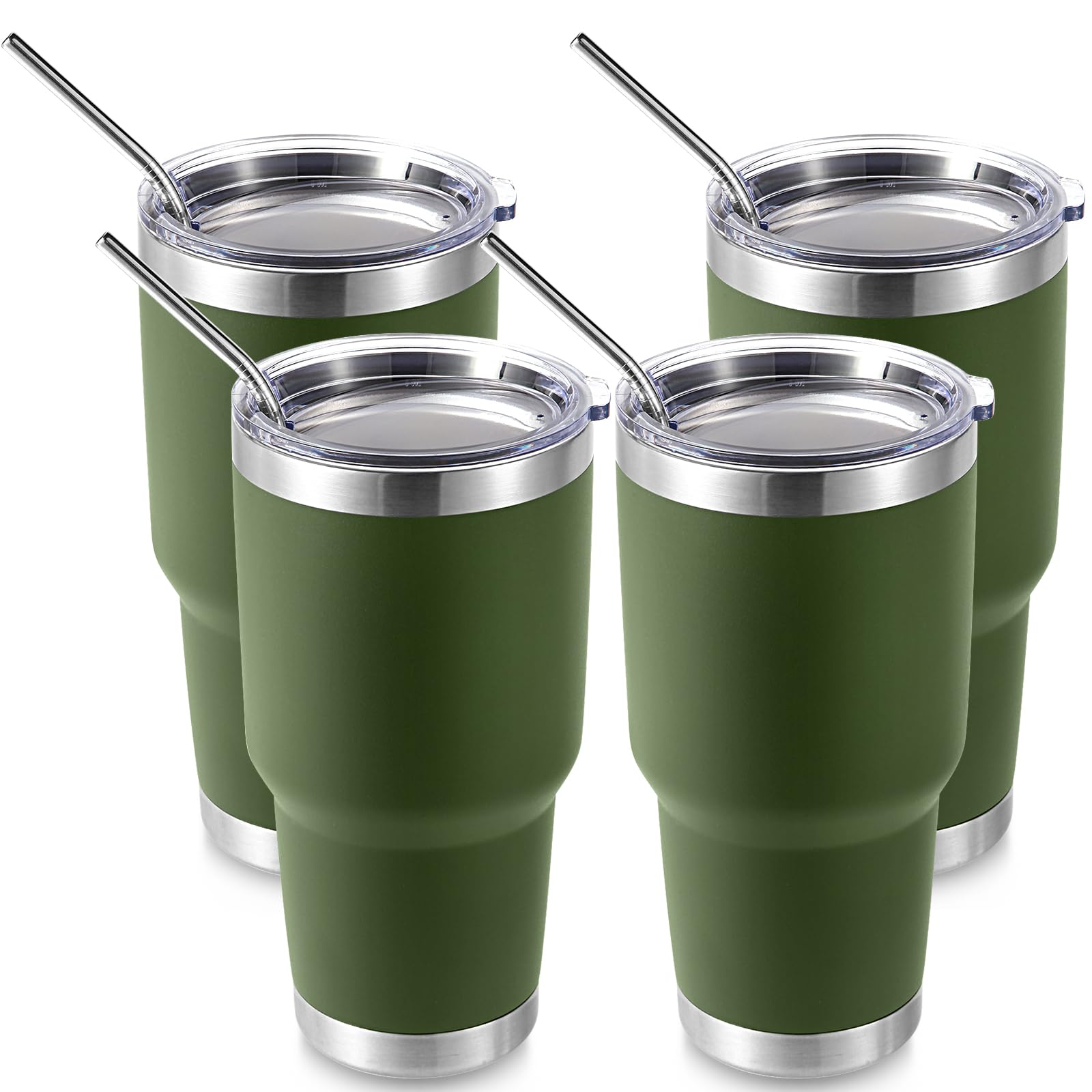 Volhoply 900ml 30oz Insulated Tumbler with Lid and Straw, Double Wall Inner & Outer 304 Stainless Steel Tumblers Bulk, Powder Coated Coffee Cup for Office, Home, Travel (Army Green,4 Pack)