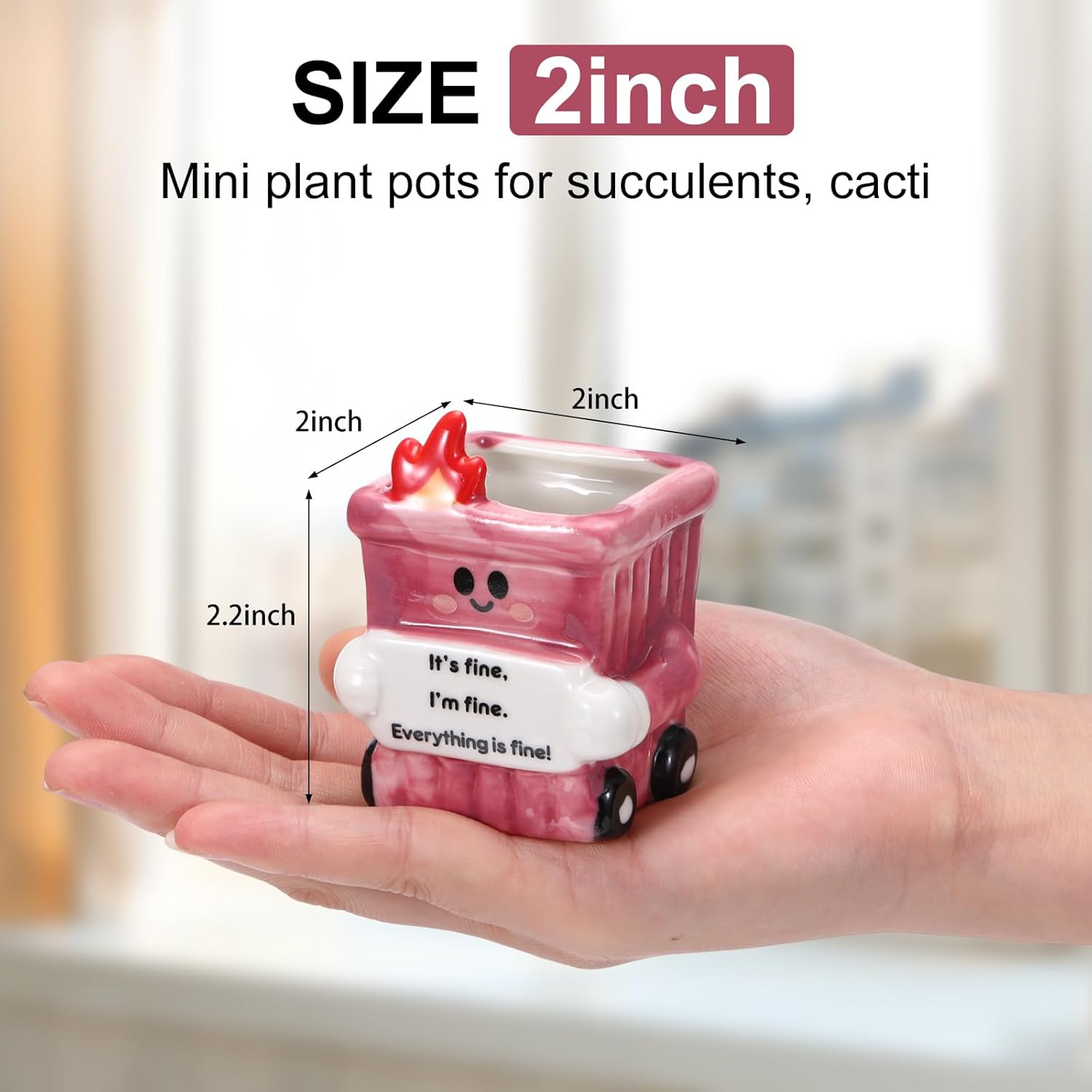 6 Pack 2.5 Inch Dumpster Fire Ceramic Succulent Planter Pots with Drainage Hole, Mini Cute Flower Pots Container for Home Office Garden Decoration Emotional Support Buddies Christmas Housewarming Gift