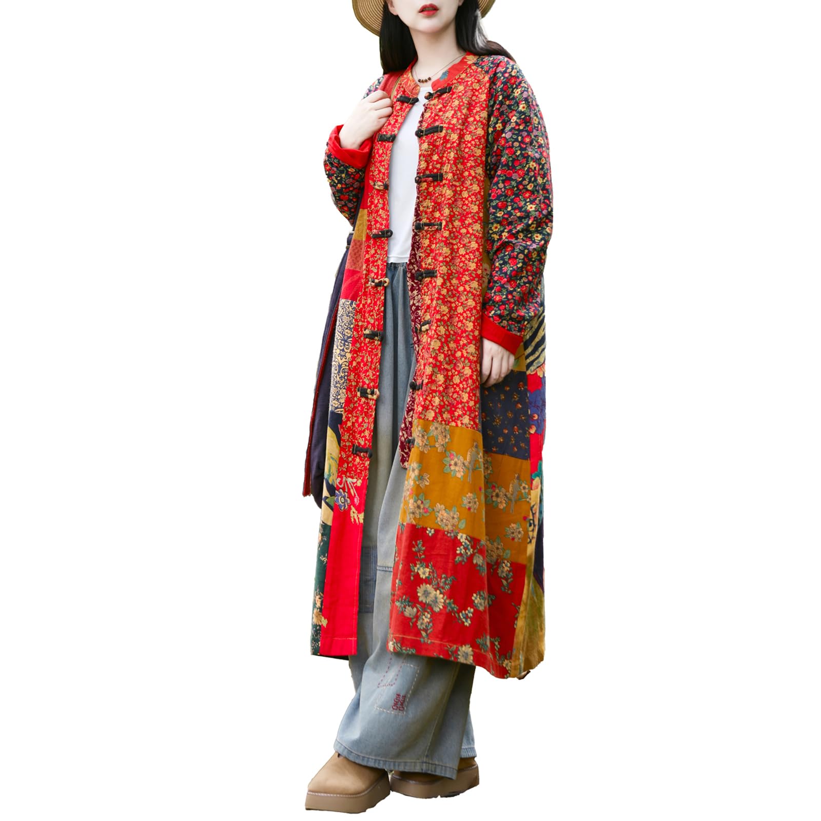 Women‘s Patchwork Trench Coat - Floral Cotton Linen Long Jacket, Cottagecore Bohemian Outerwear