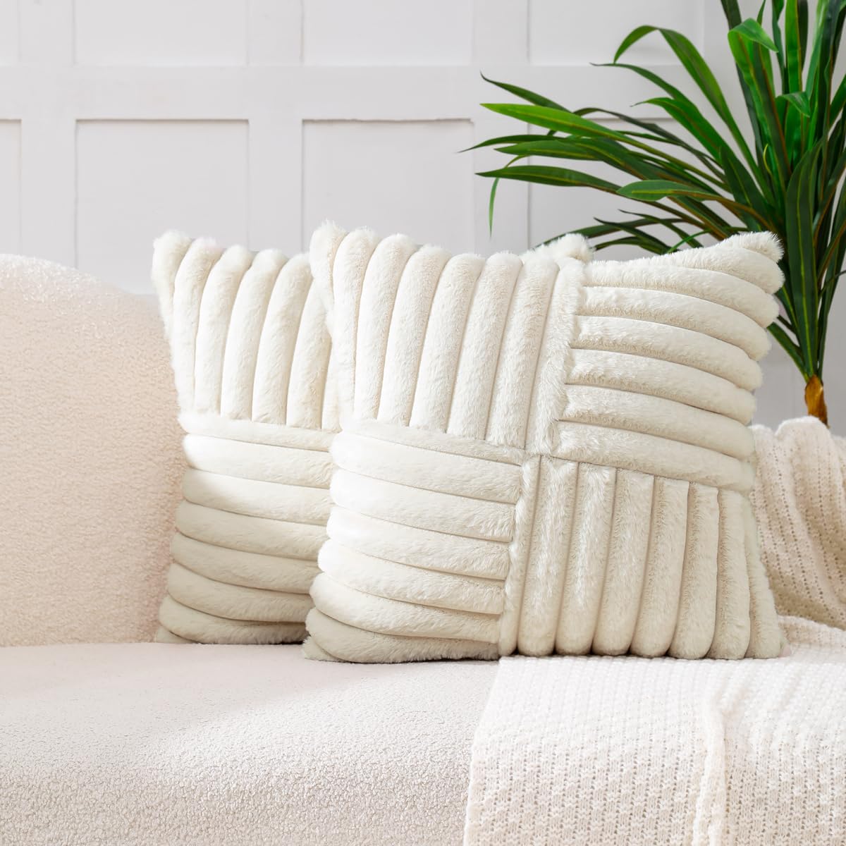 All Smiles Beige Faux Fur Decorative Throw Pillow Covers 18x18 Set of 2 — image 1