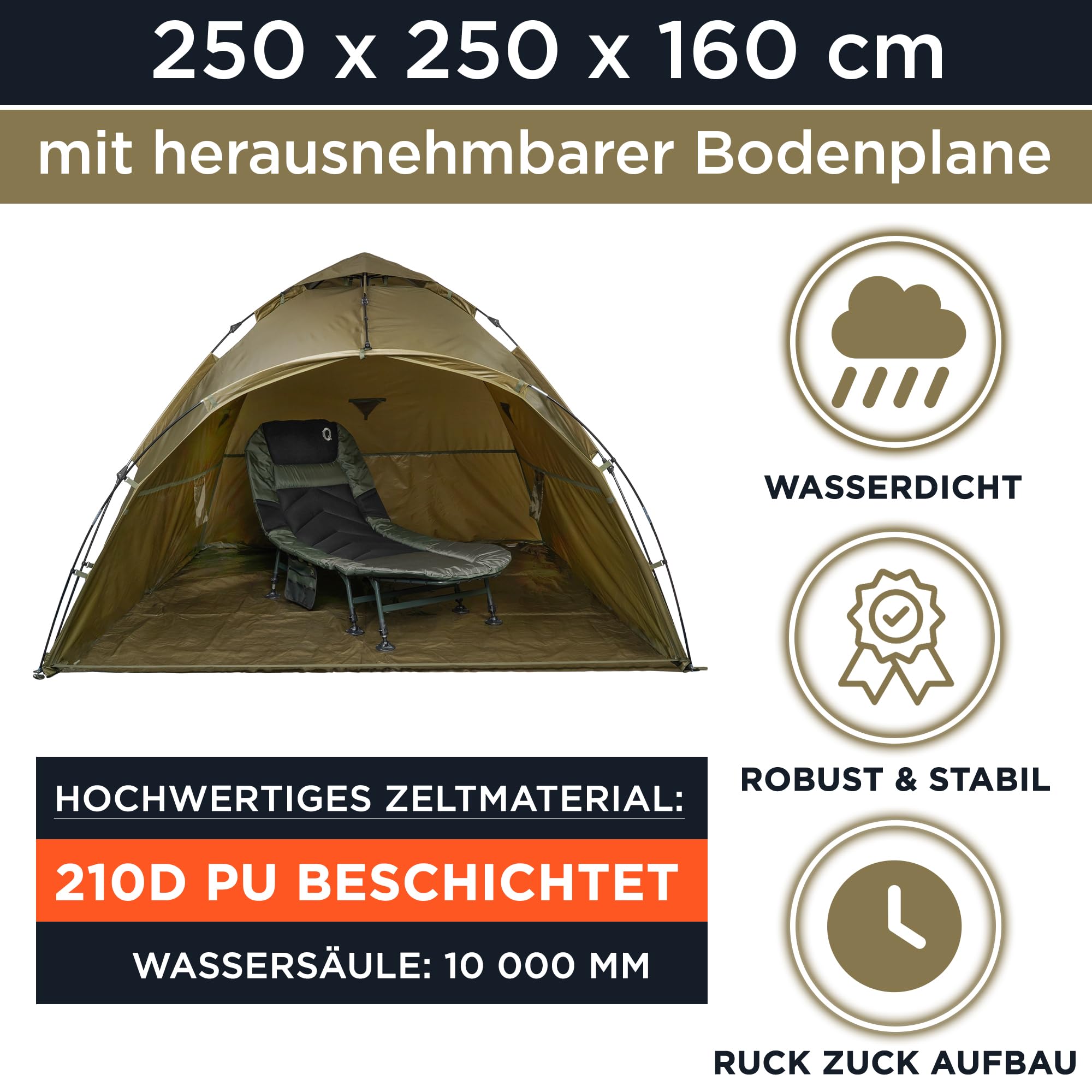 Q-Tac Ruck Zuck Bivvy Angelzelt Vorne Geffnet, 2 Mann Karpfenzelt, Angel  Zelt 250 cm x 250 cm x 160 cm, Wassersule 10 000 mm : Amazon.de: Sport &  Freizeit