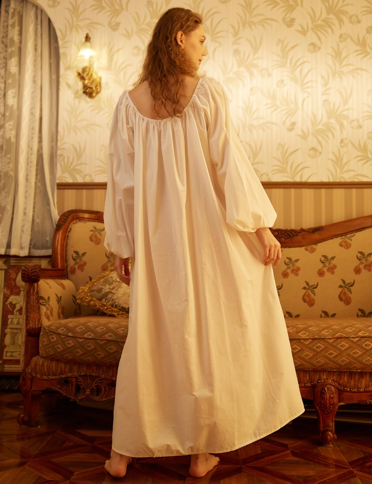 BEAUTELICATE Camicia da Notte Donna in Cotone Maniche Lunghe Camicia da Notte Vittoriano Lungo Pigiami Vintage Principessa Sleepwear Estivo Avorio