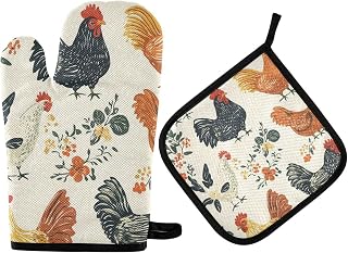 susiyo Hens Roosters and Chickens Oven Mitt and Potholder Set BBQ Gloves for Kitchen Thanksgiving Christmas Decoration
