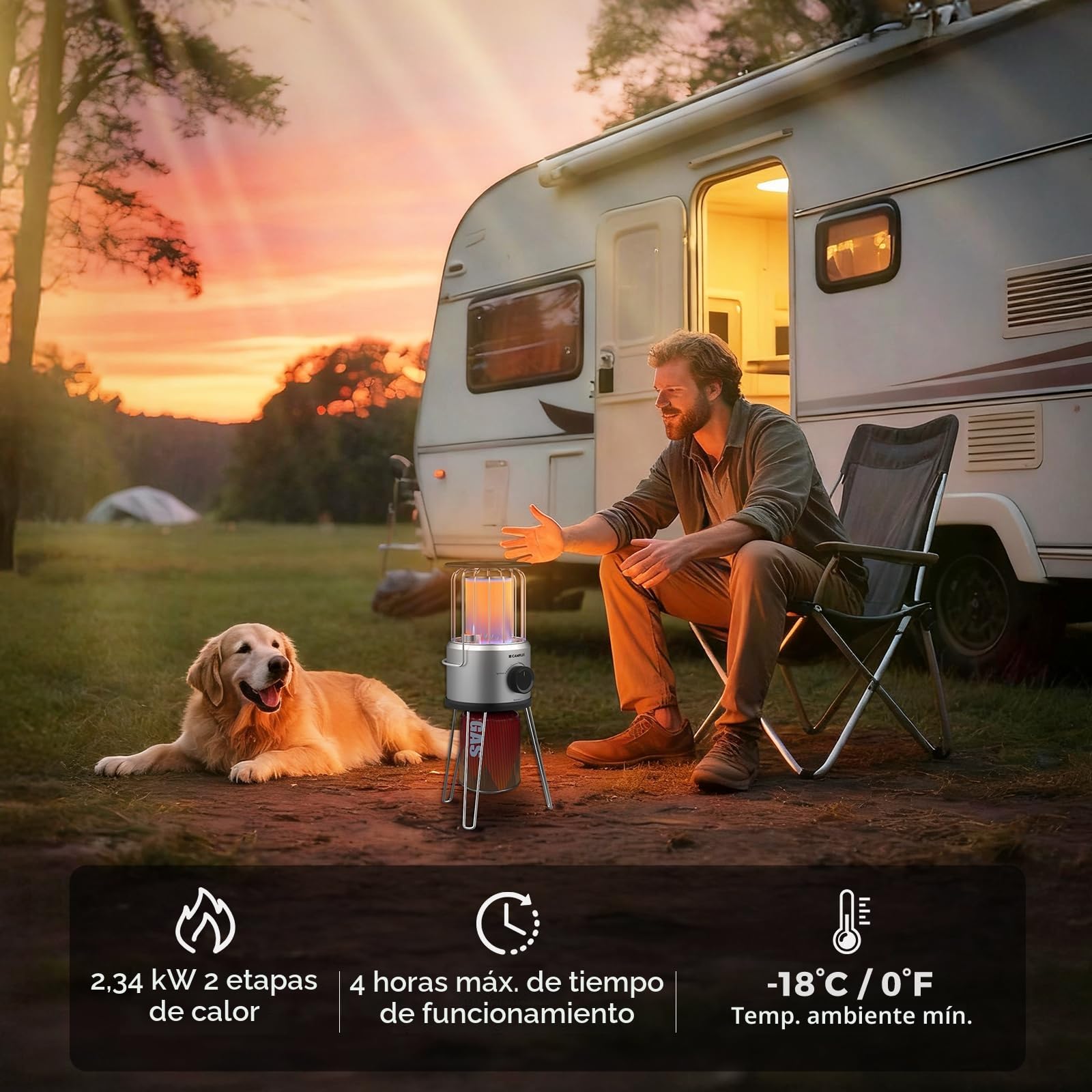 CAMPLUX Nano Estufa de Gas Portátil, 2,34 kW, 2 Niveles, Calefacción Exterior 360°, Protección ODS & Contra Vuelcos, Ideal para Camping, Pesca & Jardín, NanoAir 2
