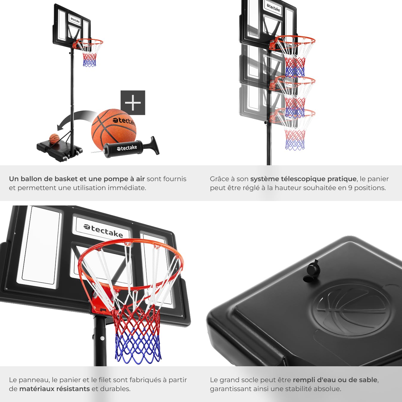 tectake® Panier de Basket Exterieur sur Pied pour Enfants & Adultes, Hauteur Réglable idéal pour Sport Enfants Jeu au Ballon de Basket