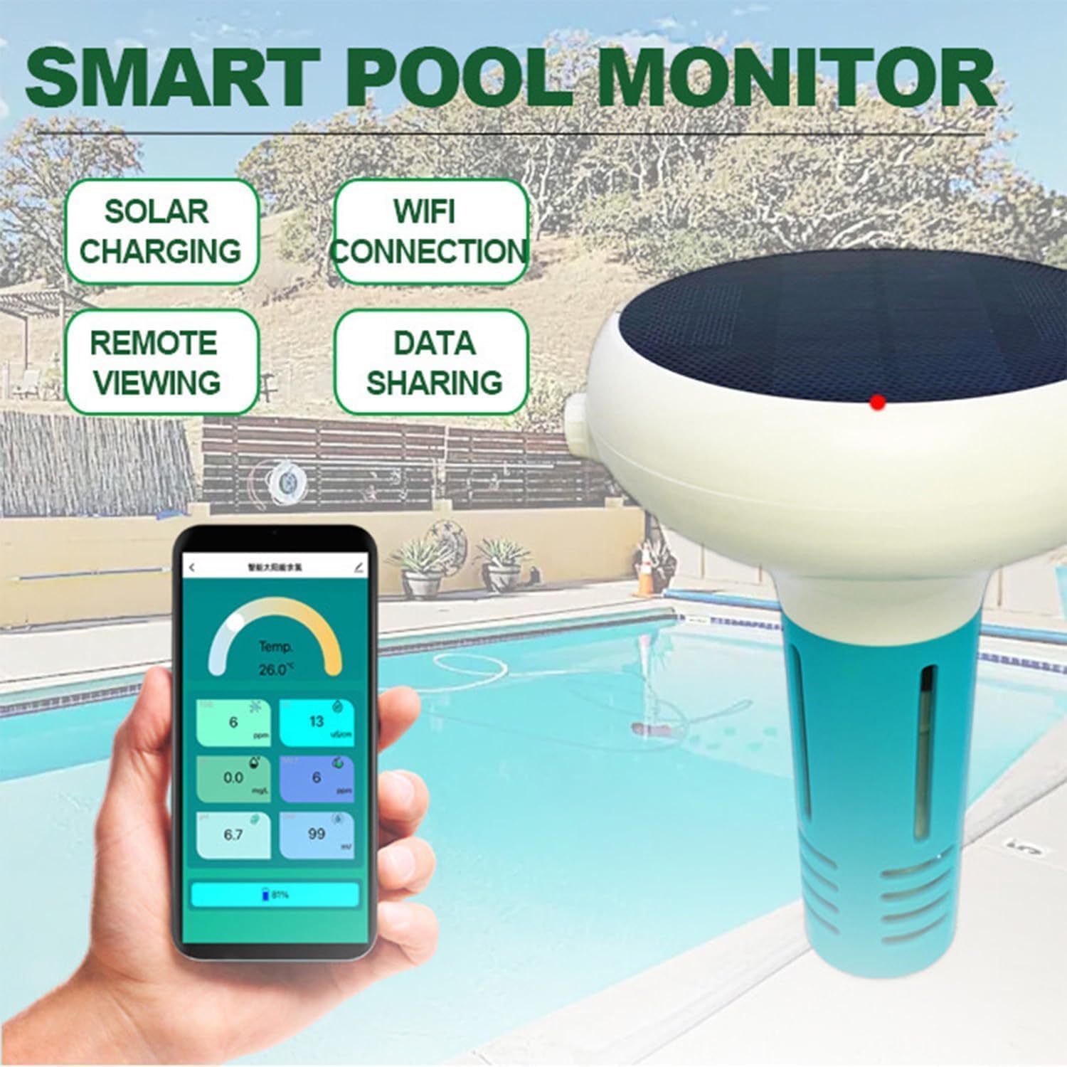 Monitor Inteligente De Agua para Piscinas 7 En 1, Analizador De Calidad del Agua, Medidor De Ph/orp/EC/tds/Sal/Temperatura/cl, Datos En Tiempo Real Y Control Mediante Aplicación, Analizador