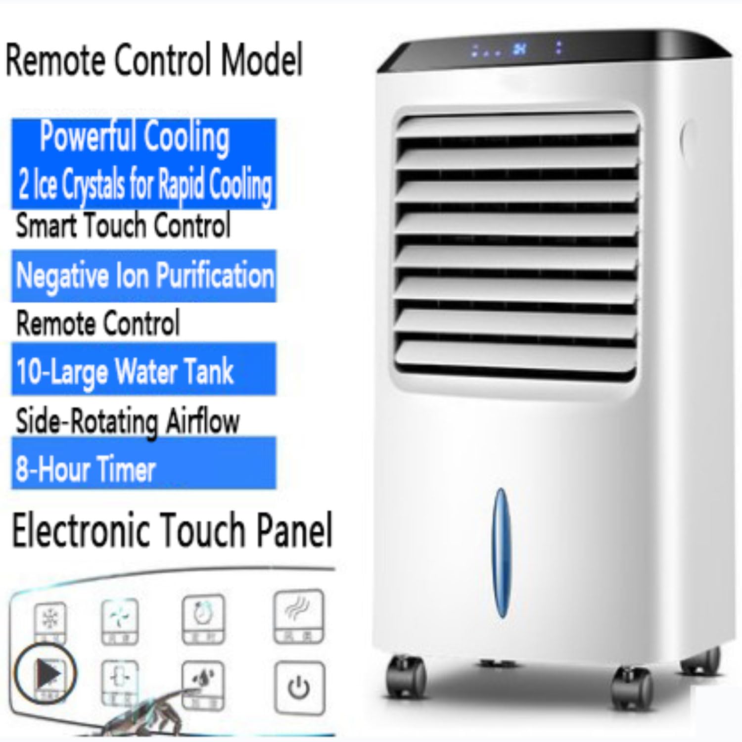 Cichy mobilny klimatyzator 10 l, chłodzenie wyparne z 3 trybami 3 prędkości, oscylacja 60º 8H, timer, obracane koła, wentylator chłodzący powietrze do domu, biura i sypialni