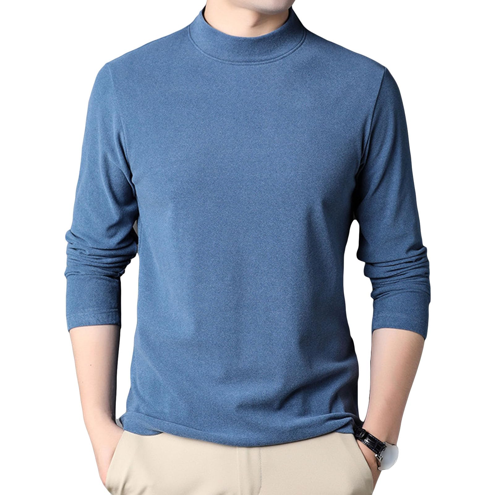 Mens Long Sleeve Stretchy Comfy Shirts Crewneck Fleece Thermal Collarless T-Shirts Casual Undershirt Pullover Tee Tops (Large,Blue)