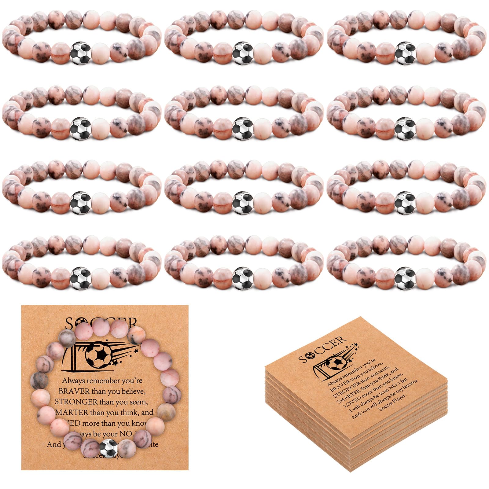 Ecation 12 Pcs Sport Bracelets Team Gift Lava Stone Black White Beaded Bracelet with Inspirational Card for Sport Party Favor(Soccer)