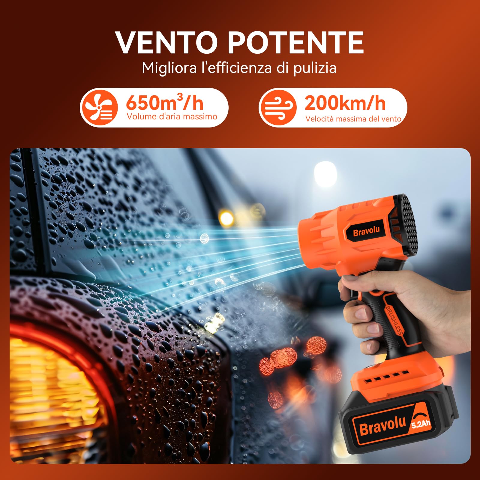 Soffiatore a Batteria, Mini Soffiatore Foglie Elettrico, con Batteria da 5200 mAh e Caricabatteria, Velocità Aria Max 200 km/h, Regolazione Variabile Della Velocità