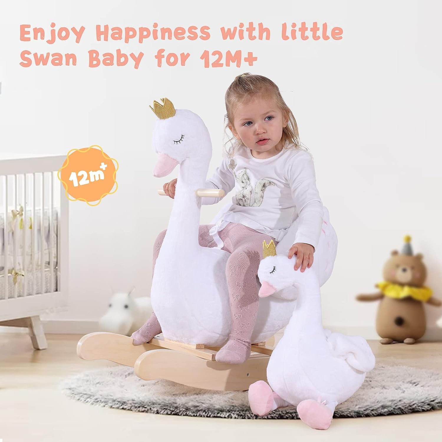 Labebe Cavallo Dondolo Legno, Peluche Bambini di Cigno Bianco per 6-36 Mesi, Sedia Dondolo Neonati/Giochi Cavalcabili